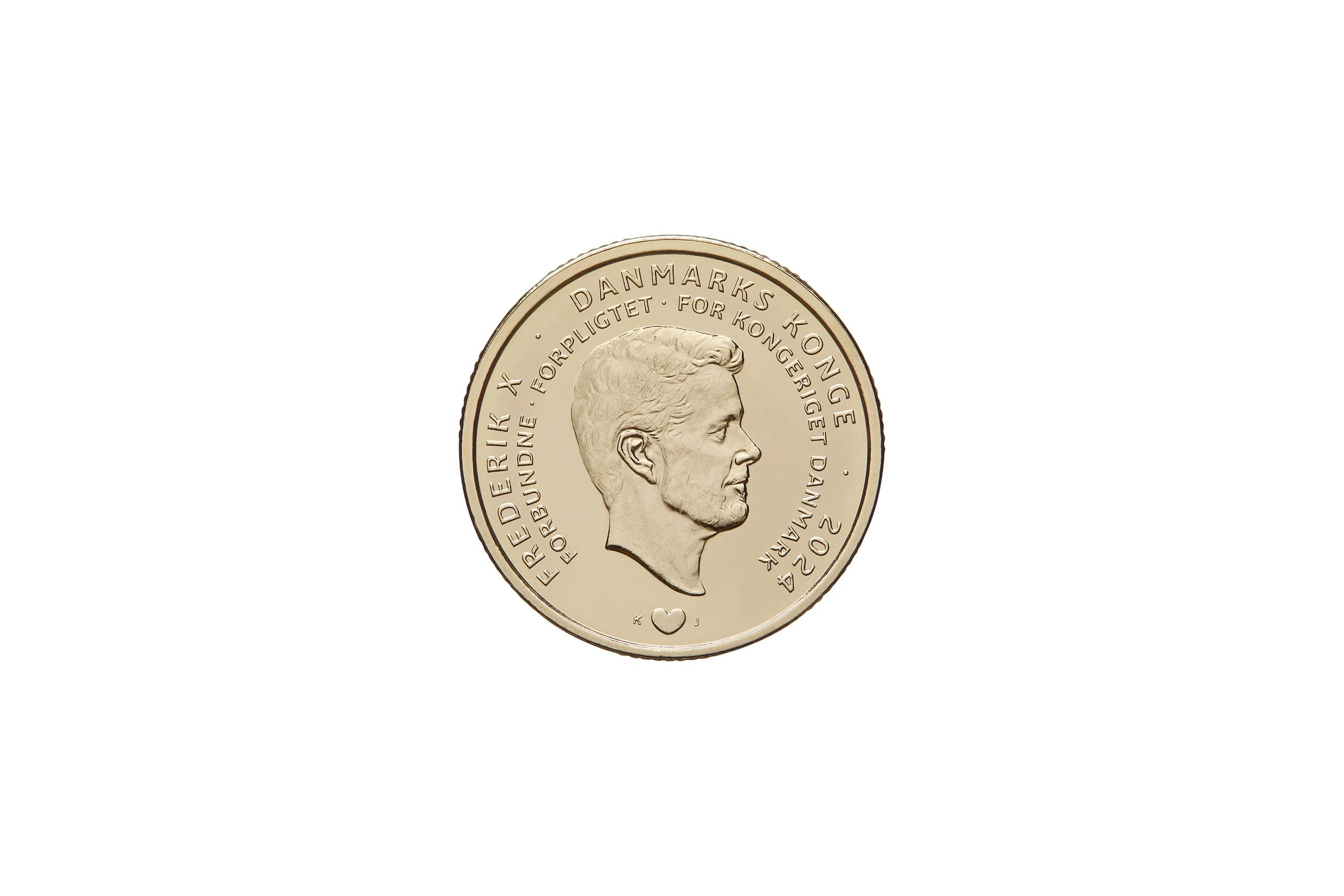 Den ene side af tronskiftemønten med kong Frederik.