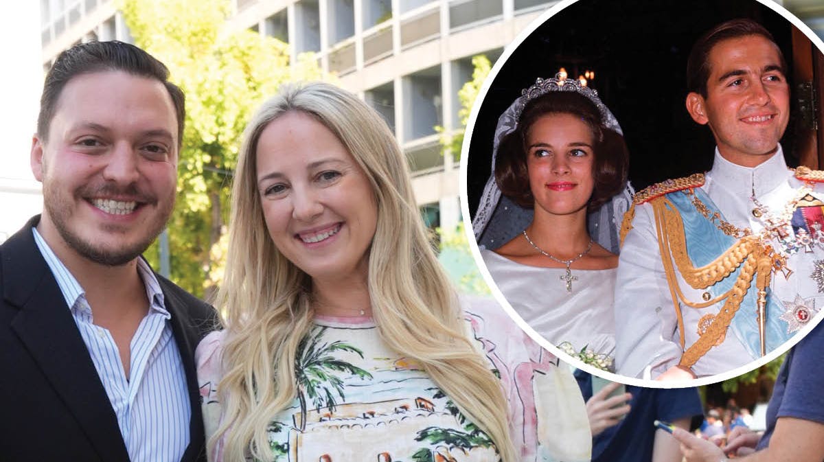 Prinsesse Theodora og Matthew Kumar. Indsat: Dronning Anne-Marie og kong Konstantin på bryllupsdagen i 1964. 