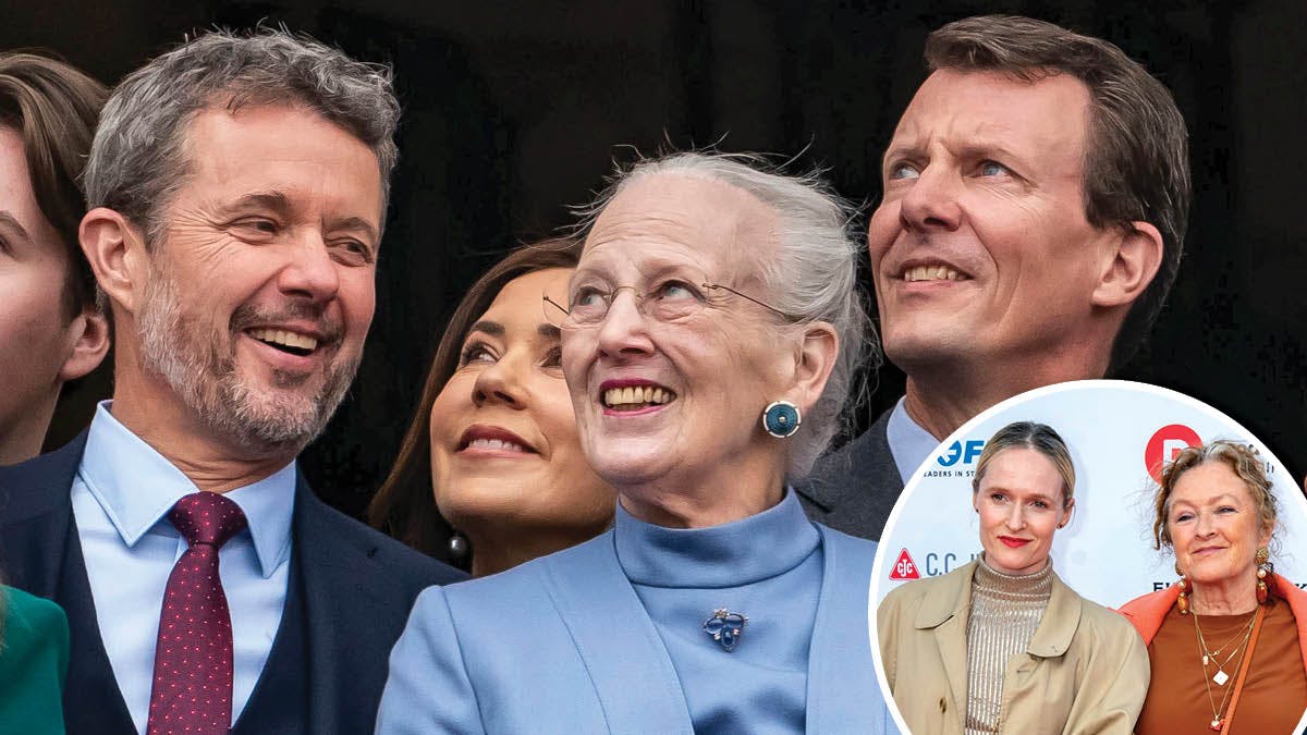 Kong Frederik, dronning Margrethe og prins Joachim (Indsat: Mille Lehfeldt og Kirsten Lehfeldt)