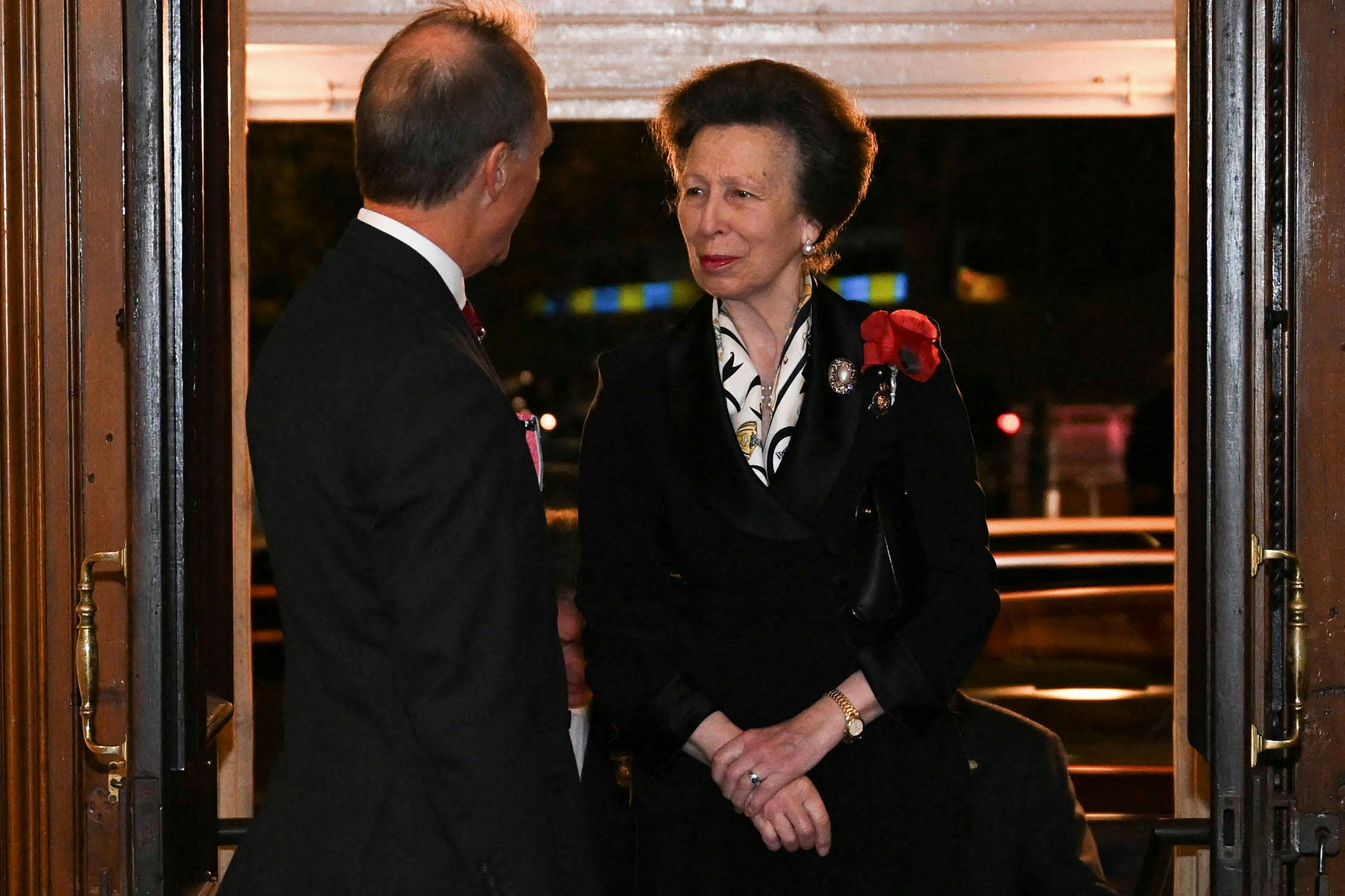 Britain's Princess Anne, Princess Royal (R) arrives to attend "The Royal British Legion Festival of Remembrance" ceremony at Royal Albert Hall, in London, on November 9, 2024 as part of the Remembrance Day commemorating the end of World War I. (Photo by Chris J RATCLIFFE / POOL / AFP)