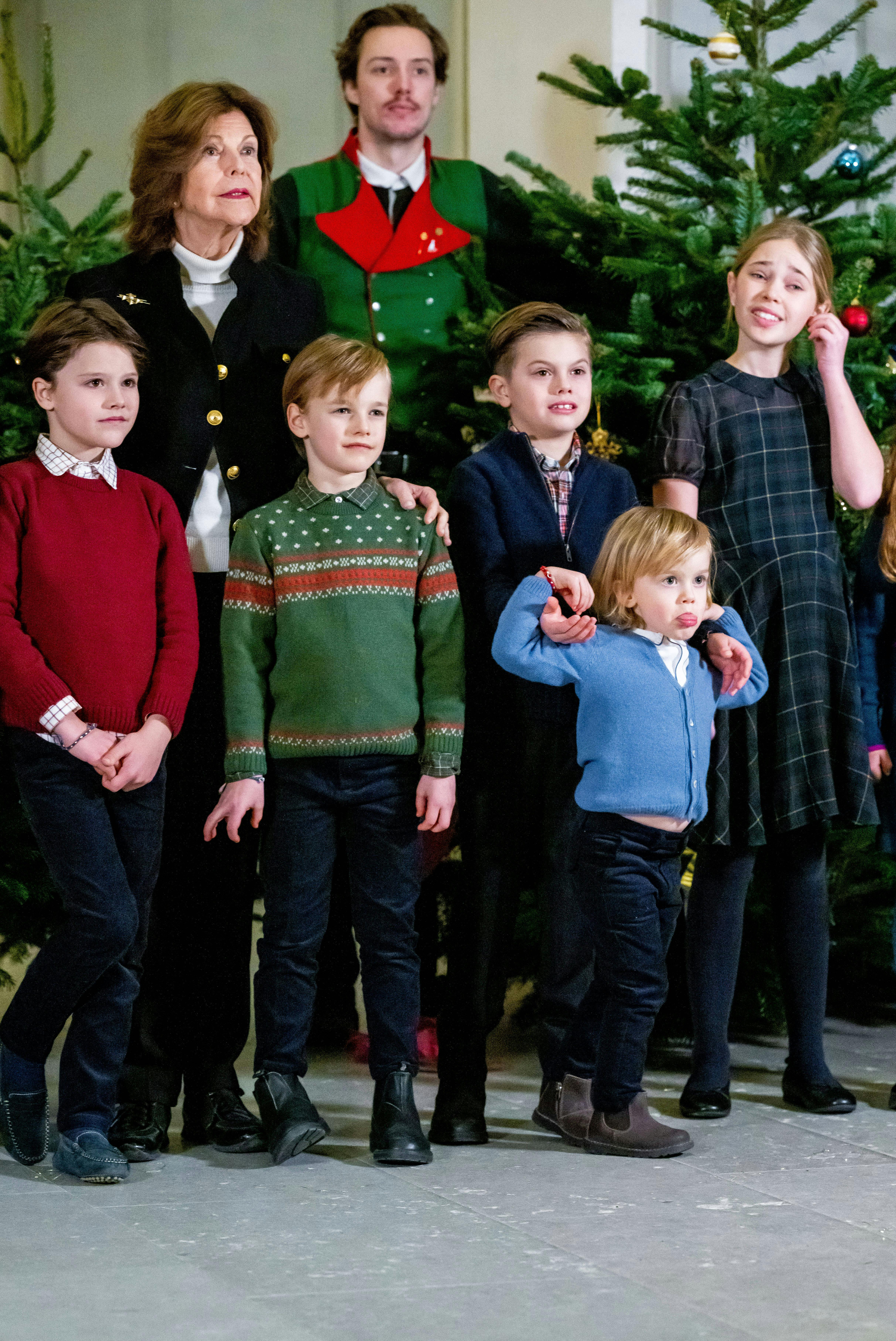 Queen Silvia, Prince Oscar, Princess Leonore, Prince Alexander, Prince Gabriel, Prince Julian, The traditional handover of the Christmas trees by students of the Forestry Academy (Skogshögskolan) at the Royal Palace in Stockholm, Sweden, 16 December 2024. ( DANA-No: 02574419 )