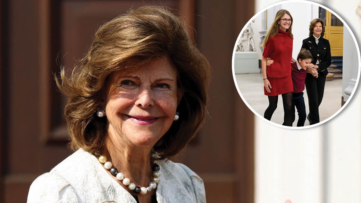 Dronning Silvia. Indsat: Prinsesse Estelle, prins Alexander og dronning Silvia.