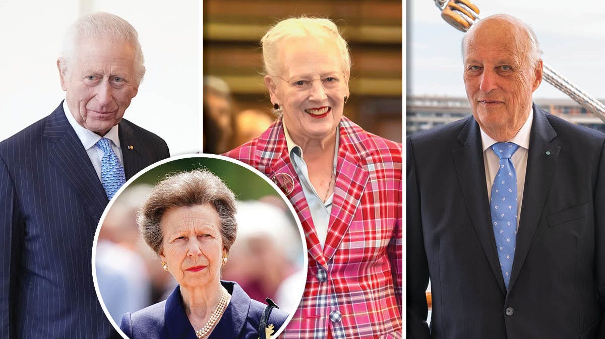 Kong Charles, prinsesse Anne, dronning Margrethe og kong Harald.