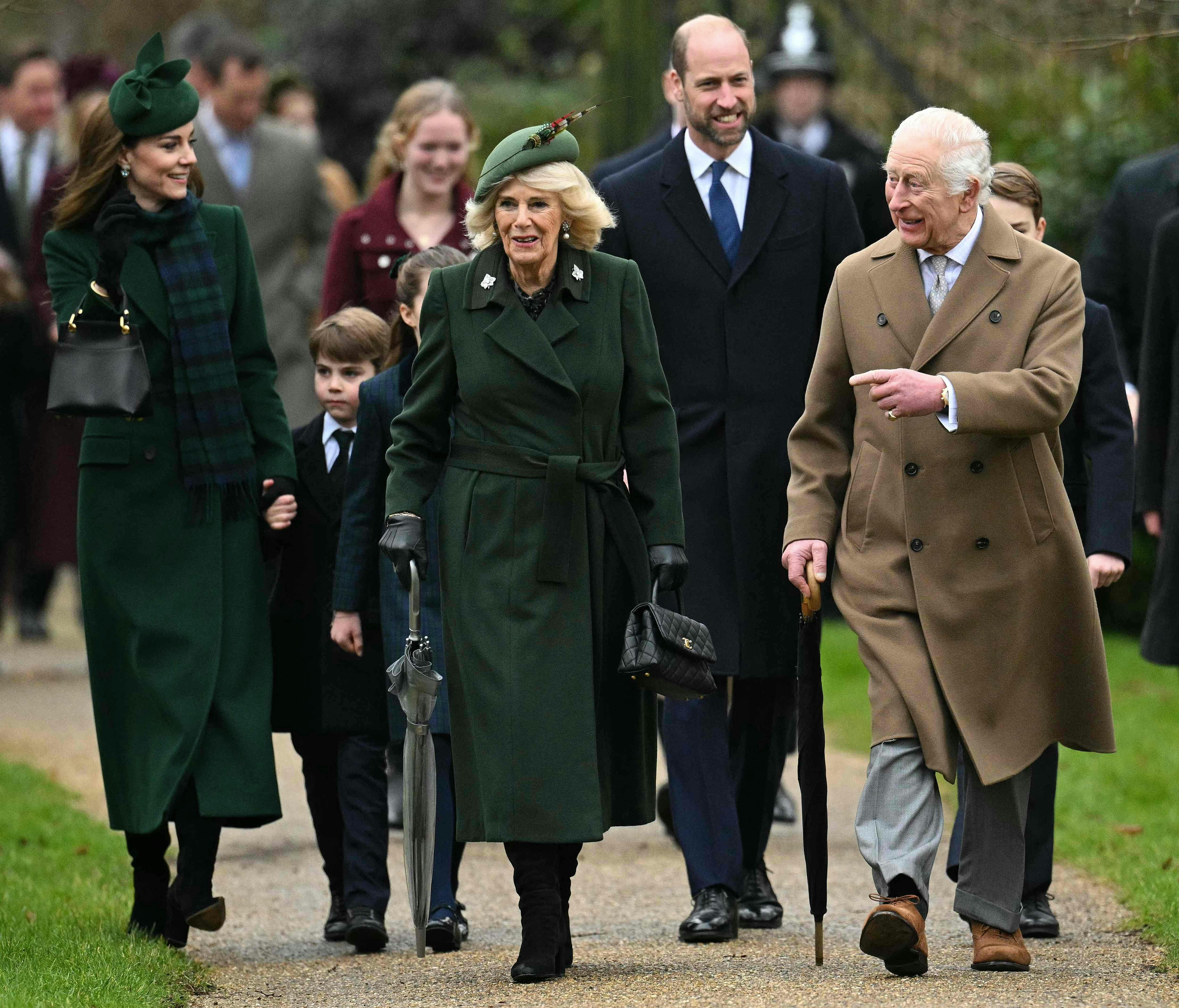 Britain's King Charles III, Britain's Queen Camilla Britain's Catherine, Princess of Wales Britain's Prince Louis of Wales and Britain's Prince William, Prince of Wales arrive to attend the Royal Family's traditional Christmas Day service at St Mary Magdalene Church in Sandringham, Norfolk, eastern England, on December 25, 2024. (Photo by Oli SCARFF / AFP)