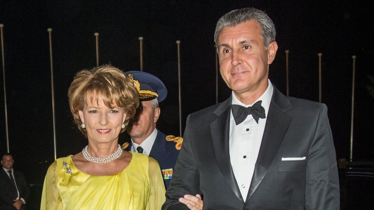 Prinsesse Margareta og prins Radu, der er tidligere skuespiller, ved dronning Anne-Maries og kong Konstantins guldbryllupsfejring i 2014.&nbsp;