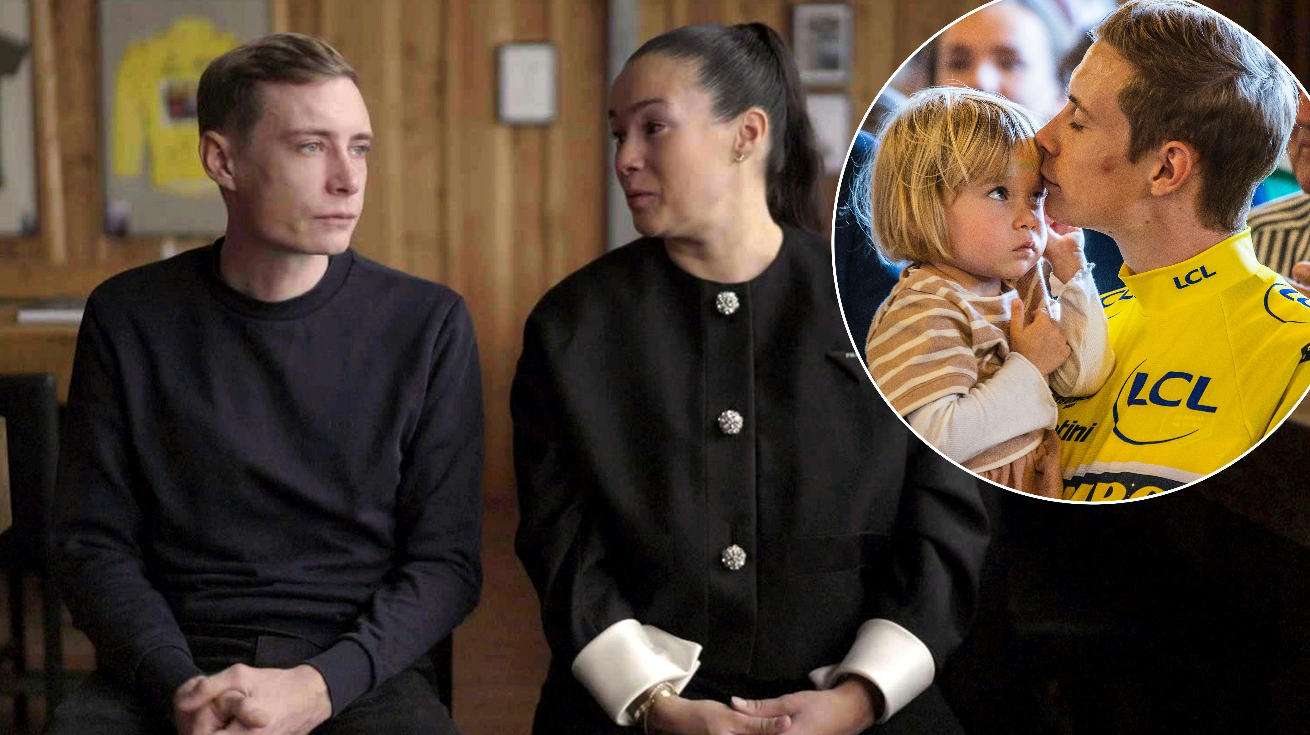 Jonas Vingegaard og Trine Marie Vingegaard Hansen i DR-dokumentaren. Indsat: Jonas Vingegaard og datteren Frida i 2023.