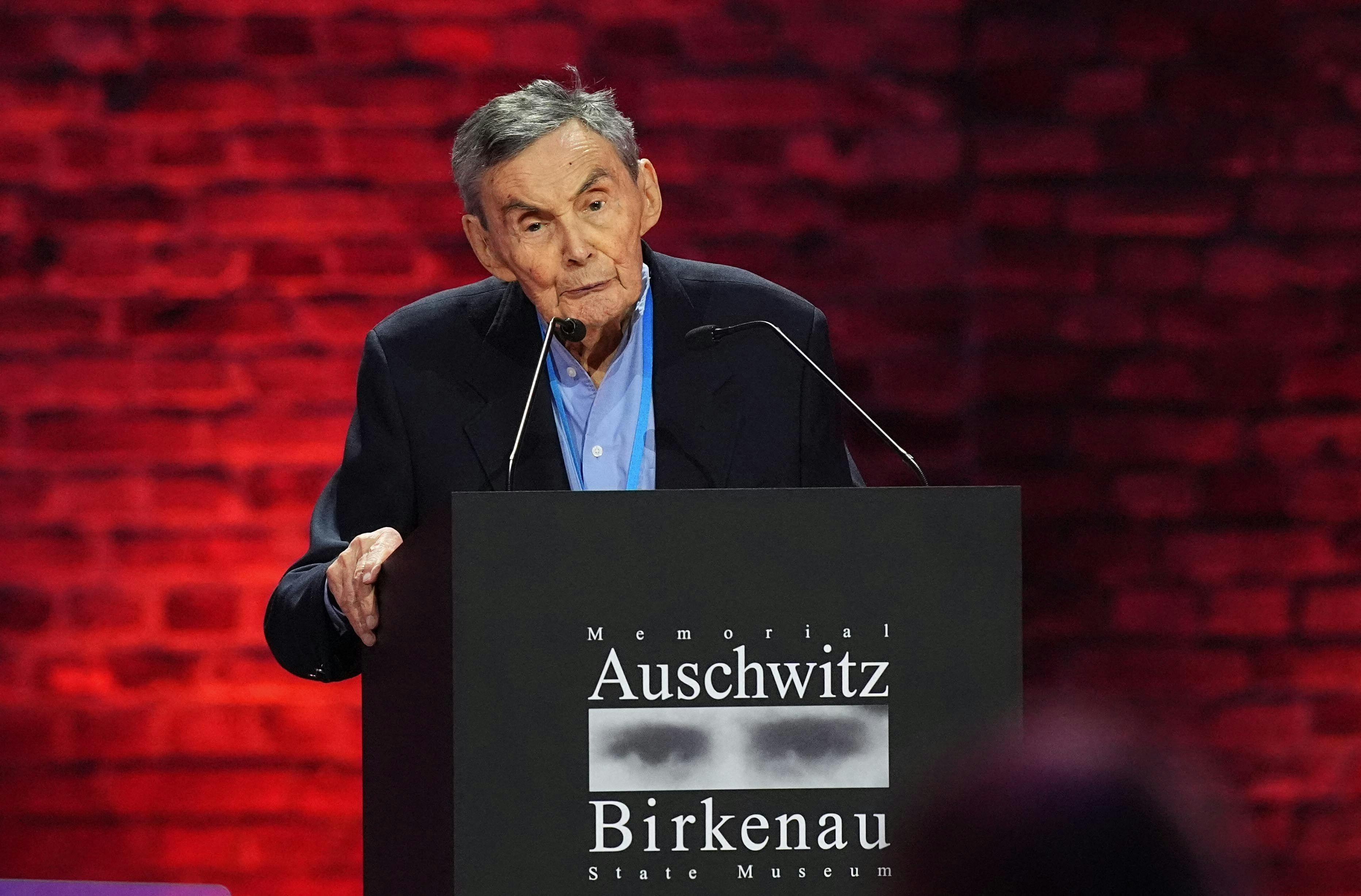 Polish historian and Holocaust survivor Marian Turski delivers a speech during commemorations on the 80th anniversary of the liberation of the German Nazi concentration and extermination camp Auschwitz-Birkenau by the Red Army, in Oswiecim, Poland on January 27, 2025. (Photo by Aaron Chown / various sources / AFP)