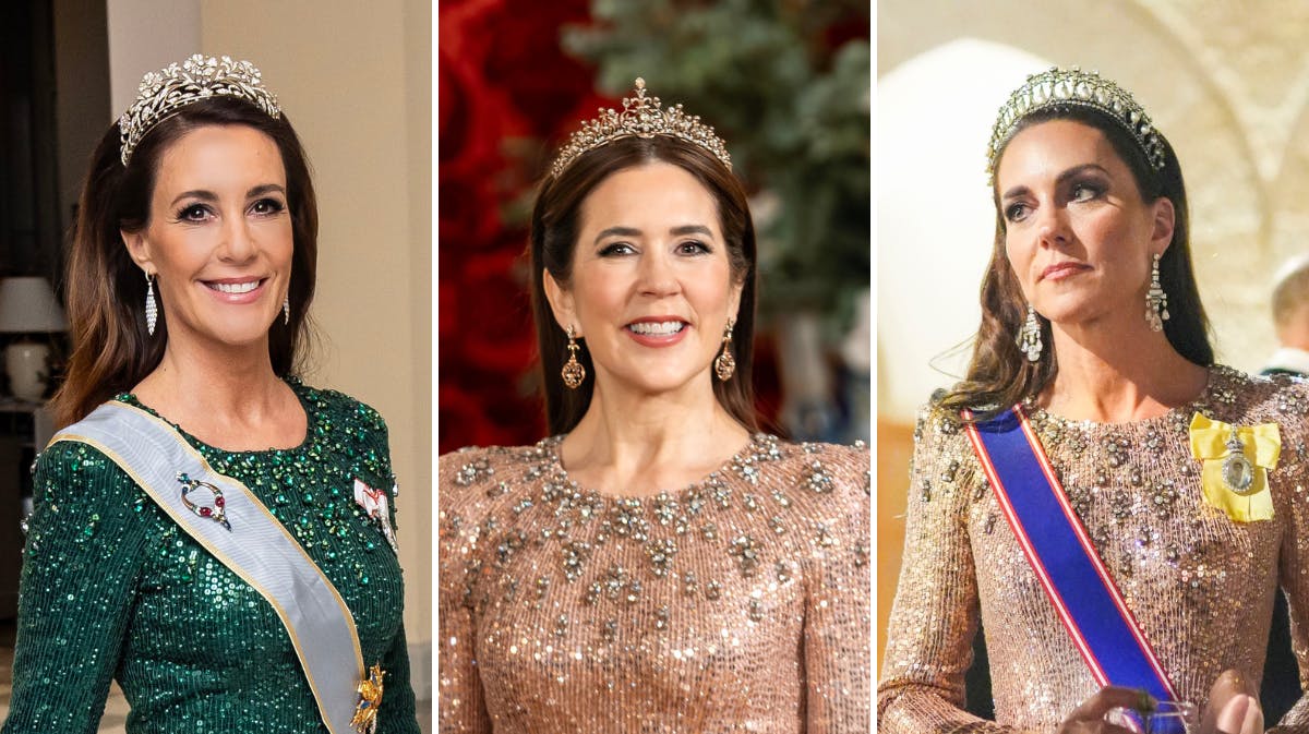 Prinsesse Marie, dronning Mary og prinsesse Catherine i ens drømmekjoler af britiske Jenny Packham. 