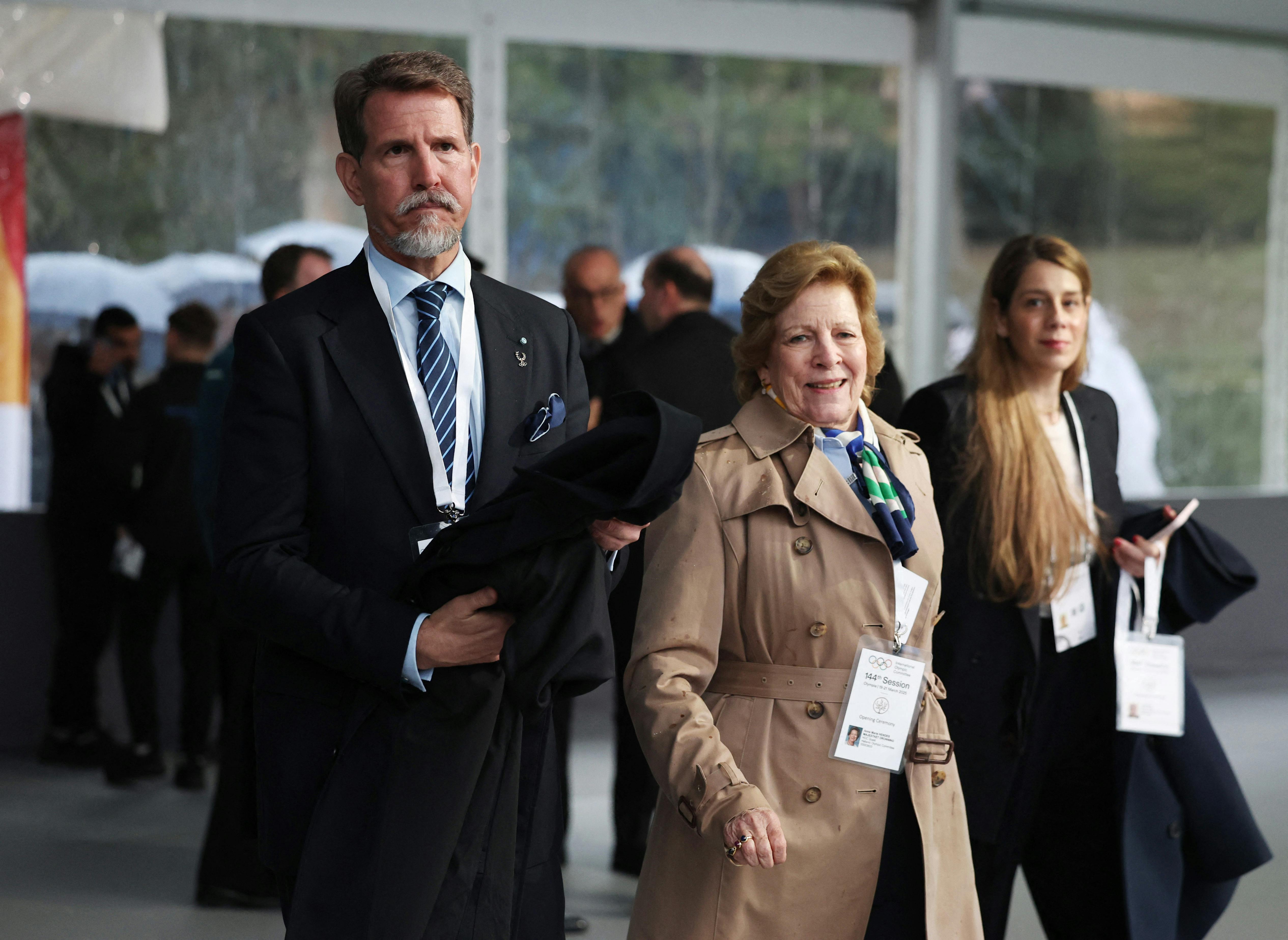 Olympics - 144th IOC Session - Opening Ceremony - International Olympic Academy, Ancient Olympia, Greece - March 18, 2025 Anne-Marie, former queen of Greece with her son Pavlos, former crown prince of Greece before the opening ceremony REUTERS/Louisa Gouliamaki