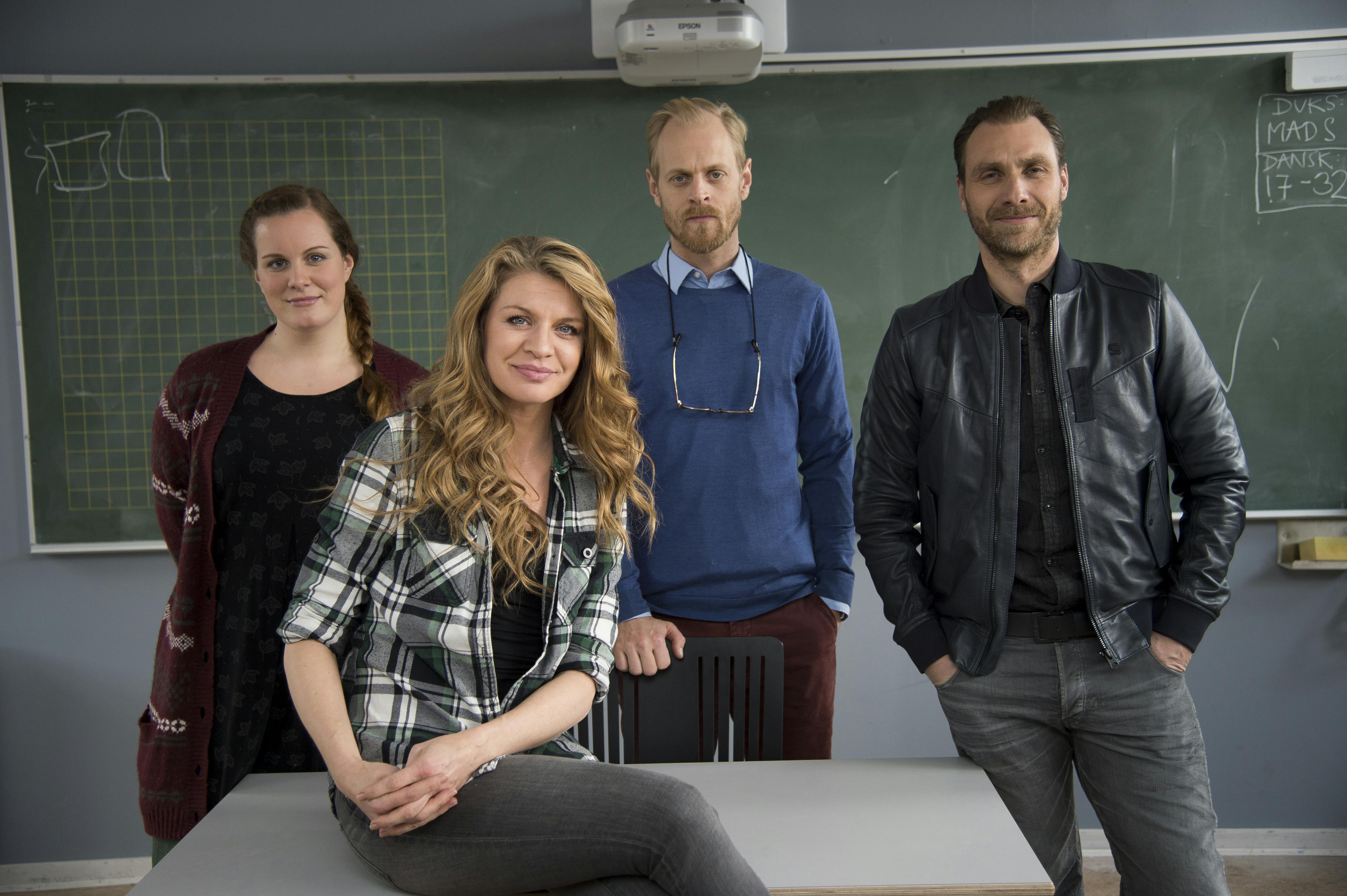 Pressemøde på 3. sæson af TV2-serien "Rita" på en nedlagt skole i Rødovre, som er det sted serien bliver optaget. Fra venstre: Lise Baastrup, Mille Dinesen, Carsten Bjørnlund og Alexandre Willaume.