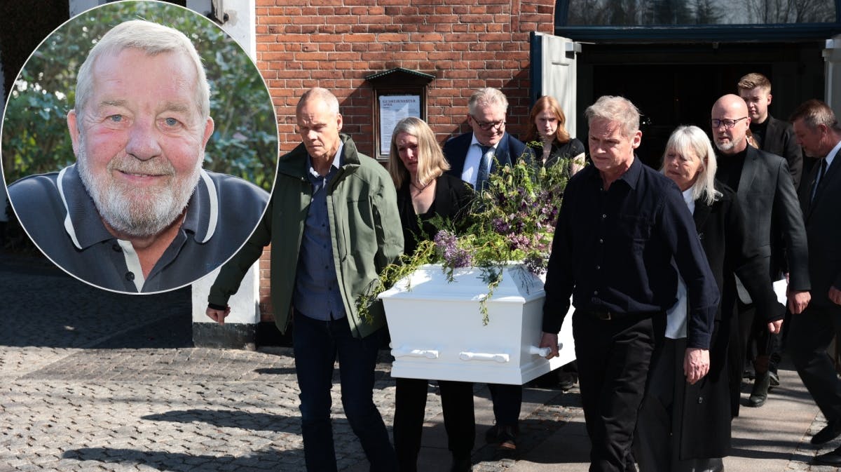 Kjeld Nørgaard samt hans nærmeste, der bærer kisten ud. 