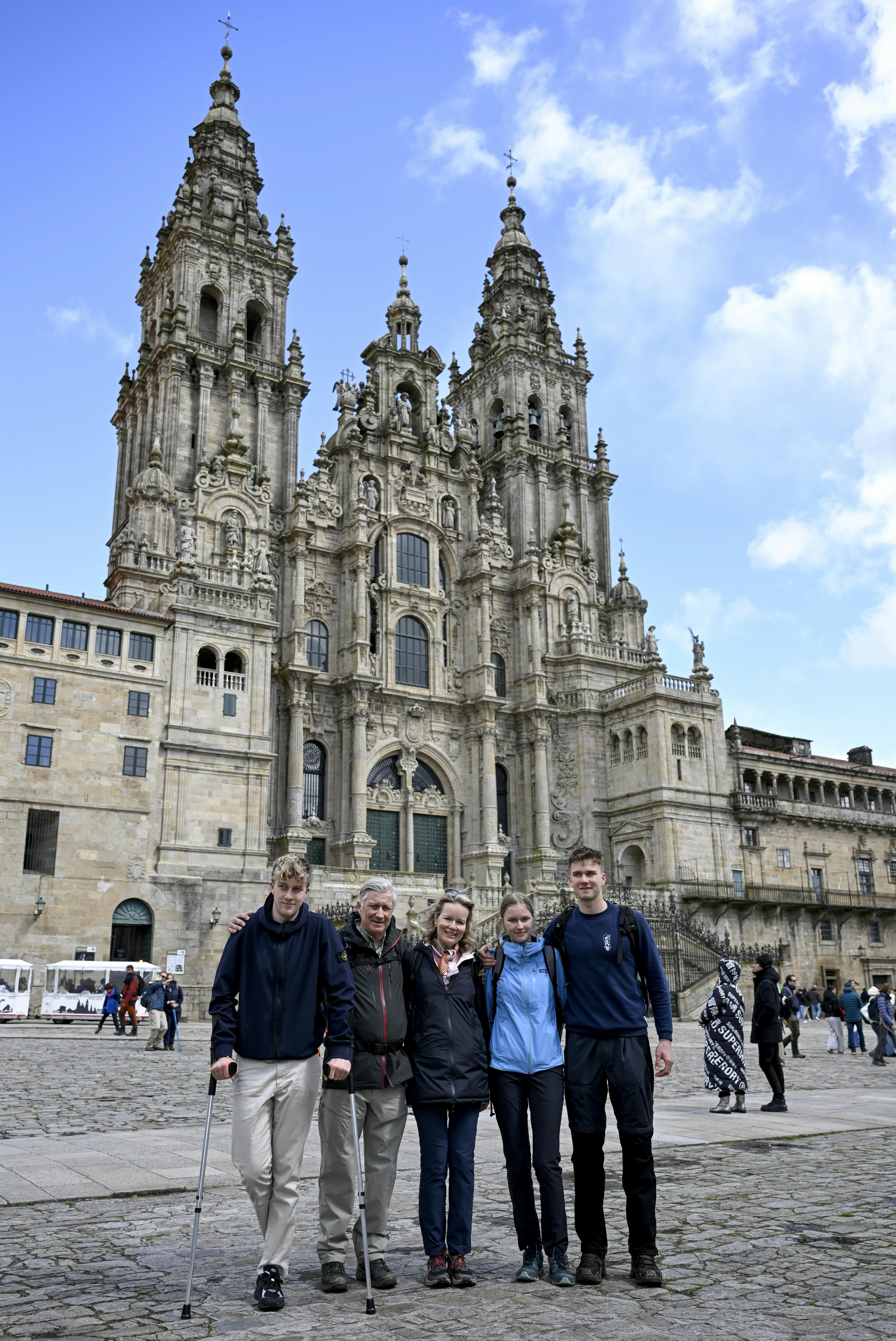 Prince Emmanuel, King Philippe - Filip of Belgium, Queen Mathilde of Belgium, Princess Eleonore and Prince Gabriel pictured during a royal walk along part of the famous 'Camino de Compostela' pilgrimage route in Santiago de Compostela, Spain on Wednesday 16 April 2025. This year, the Belgian Royals will cover the final stretch and arrive at their final destination: the main square of Santiago de Compostela and its magnificent cathedral. BELGA PHOTO DIRK WAEM (Photo by DIRK WAEM/Belga/Sipa USA)