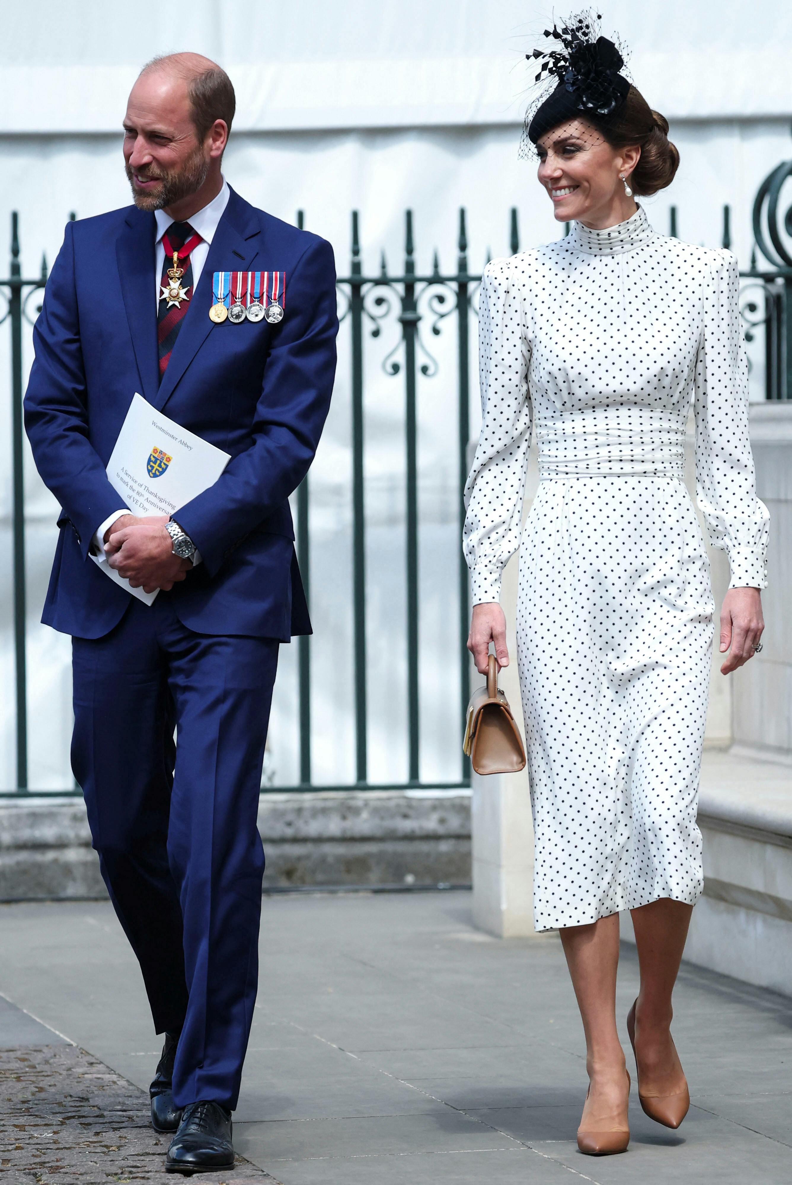 Britain's William, Prince of Wales, and Catherine, Princess of Wales, walk after attending the Service of Thanksgiving at Westminster Abbey as part of commemorations for the 80th anniversary of Victory in Europe (VE) Day, in London, Britain, May 8, 2025. REUTERS/Phil Noble