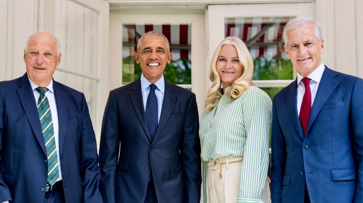Kong Harald, Barack Obama, kronprinsesse Mette-Marit og statsminister Jonas Gahr Støre.