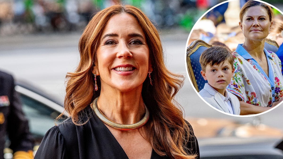 Dronning Mary. Indsat foto af prins Oscar og kronprinsesse Victoria. 