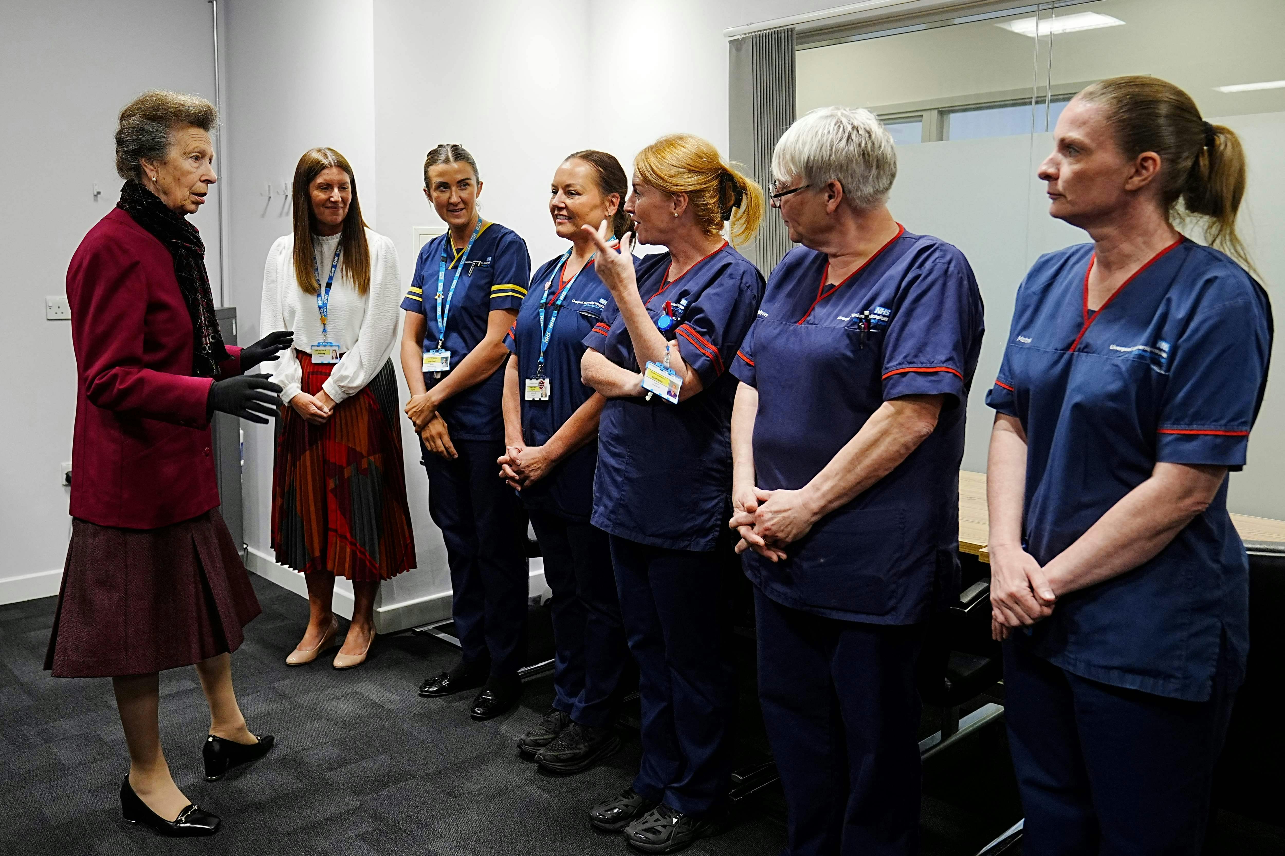 Britain's Princess Anne, Princess Royal meets with medical staff from the hospital team during a visit to the Royal Liverpool University Hospital in Liverpool.