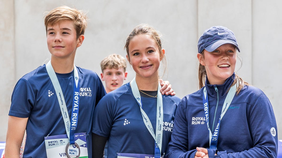 Prins Vincent, prinsesse Josephine og prinsesse Isabella efter Family Mile ved Royal Run 2025.