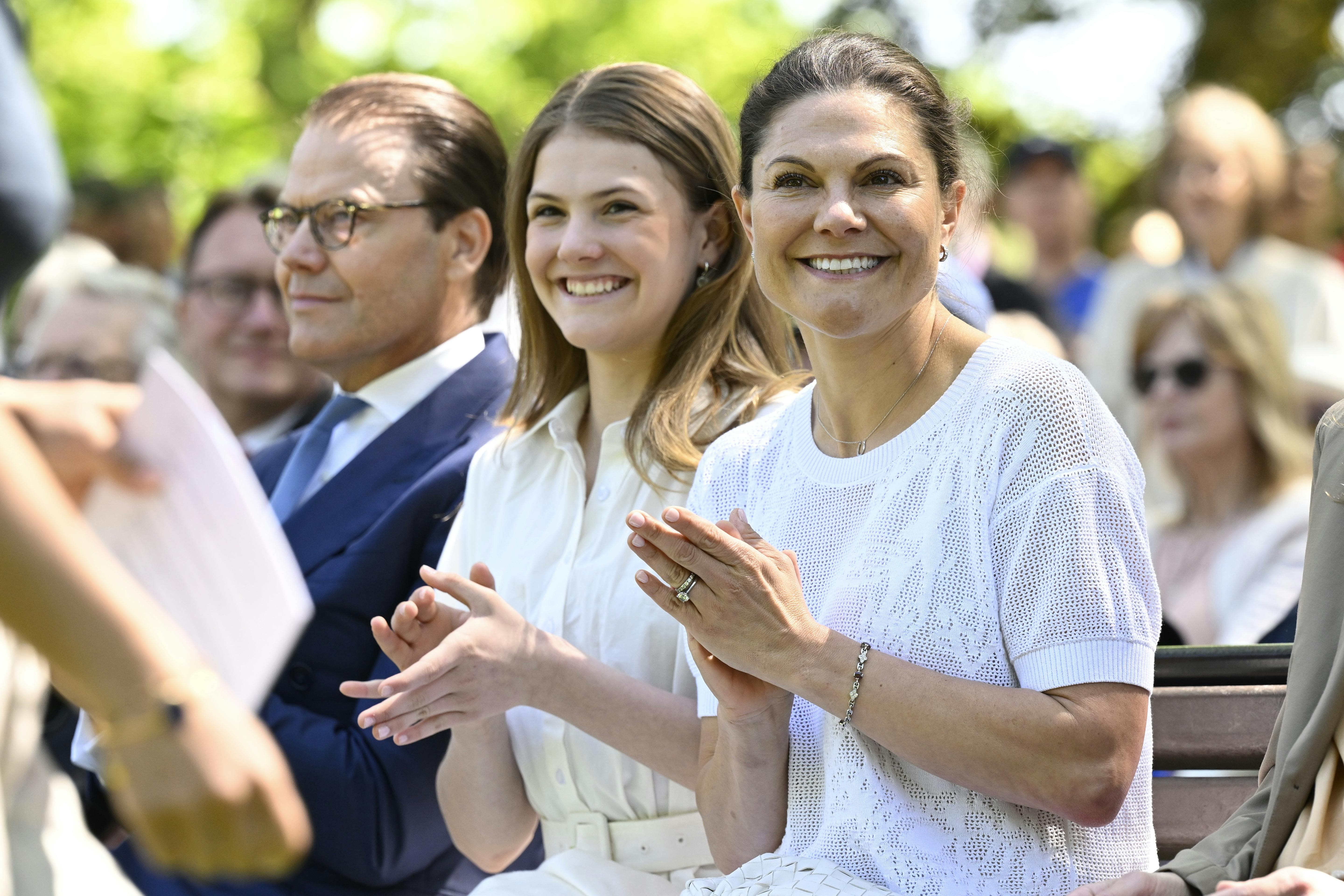 Prince Daniel, princess Estelle and Crown Princess Victoria at the inauguration of the sixth permanent work at the Princess Estelle Sculpture Park, the sculpture "Museum" by polish artist Monika Sosnowska in Stockholm, Sweden, June 3, 2025. Photo: Jessica Gow / TT / Code 10070