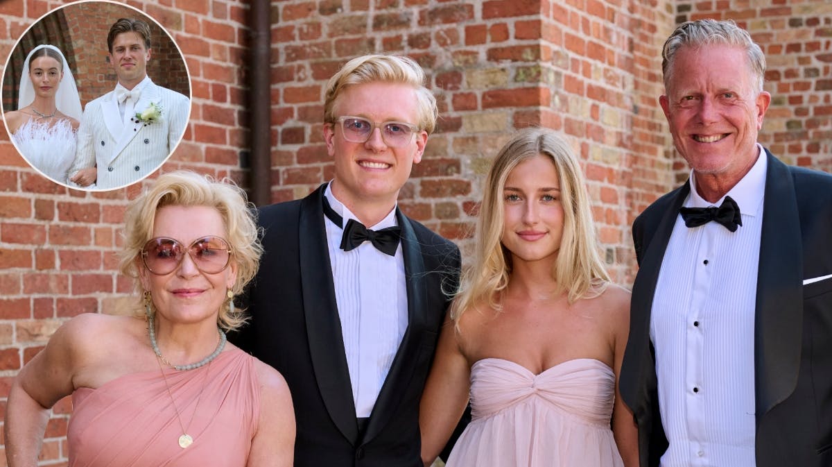 Lise Mühlhausen og Peter Mygind med sønnen Valdemar og svigerdatteren Ida samt brudeparret, Hannah Hovmand og Nicolai Zobel. 