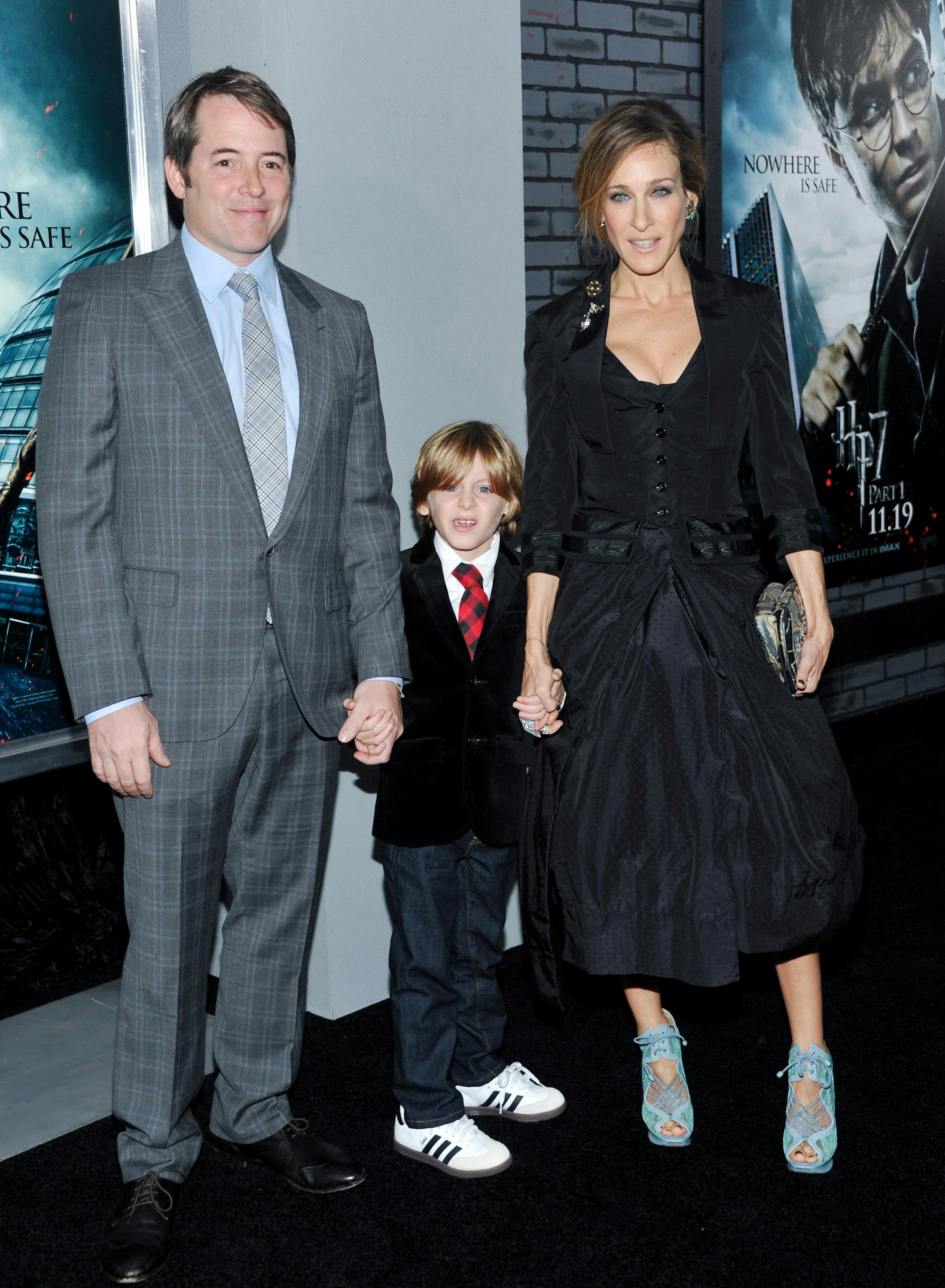 Actor Matthew Broderick and wife actress Sarah Jessica Parker pose with their son James Wilkie at the premiere of 'Harry Potter and the Deathly Hallows Part 1' at Alice Tully Hall on Monday, Nov. 15, 2010 in New York. (AP Photo/Evan Agostini)