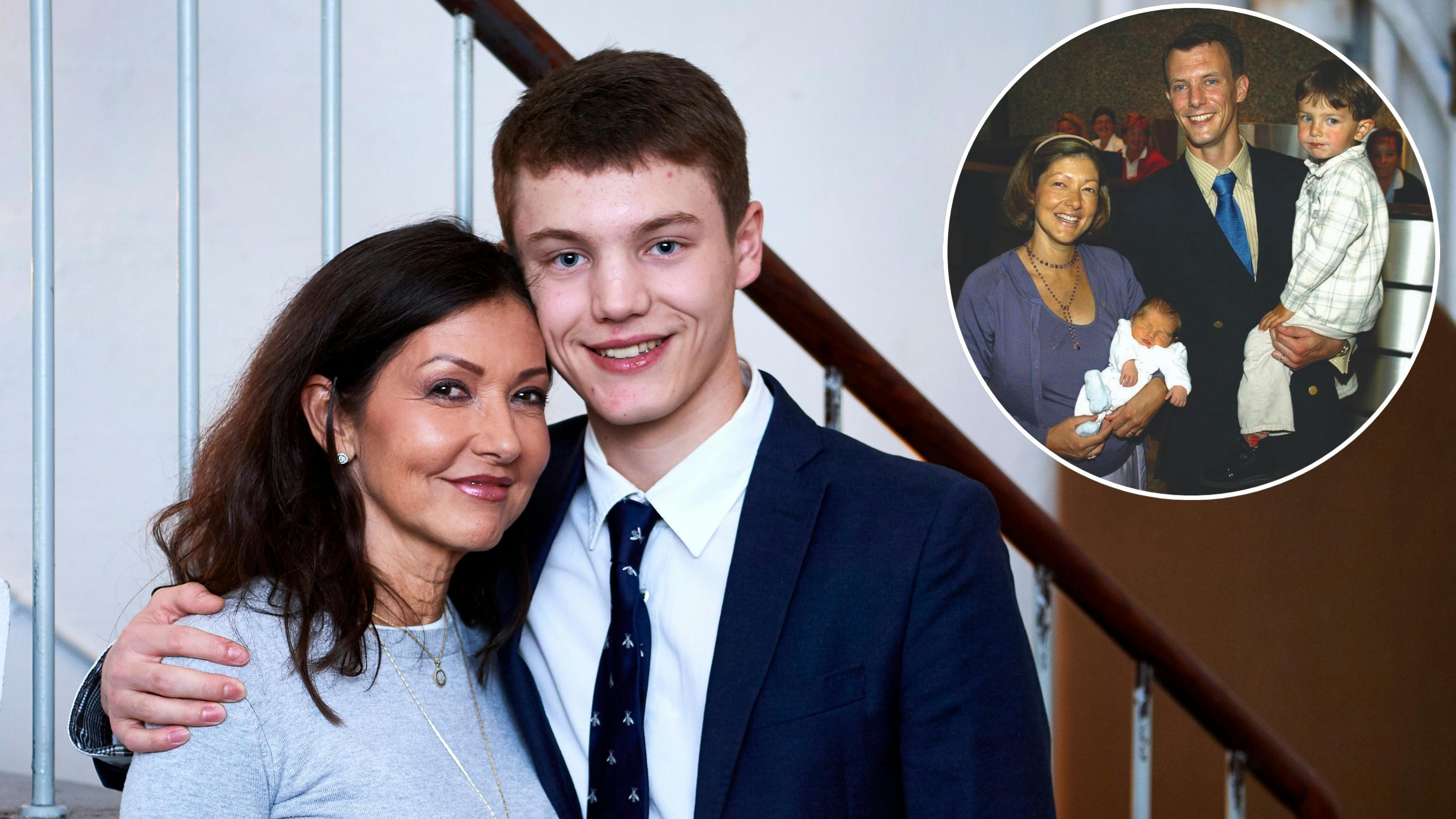 Grevinde Alexandra og grev Felix i 2019. Indsat: Alexandra og Joachim med sønnerne efter Felix' fødsel i 2002. 