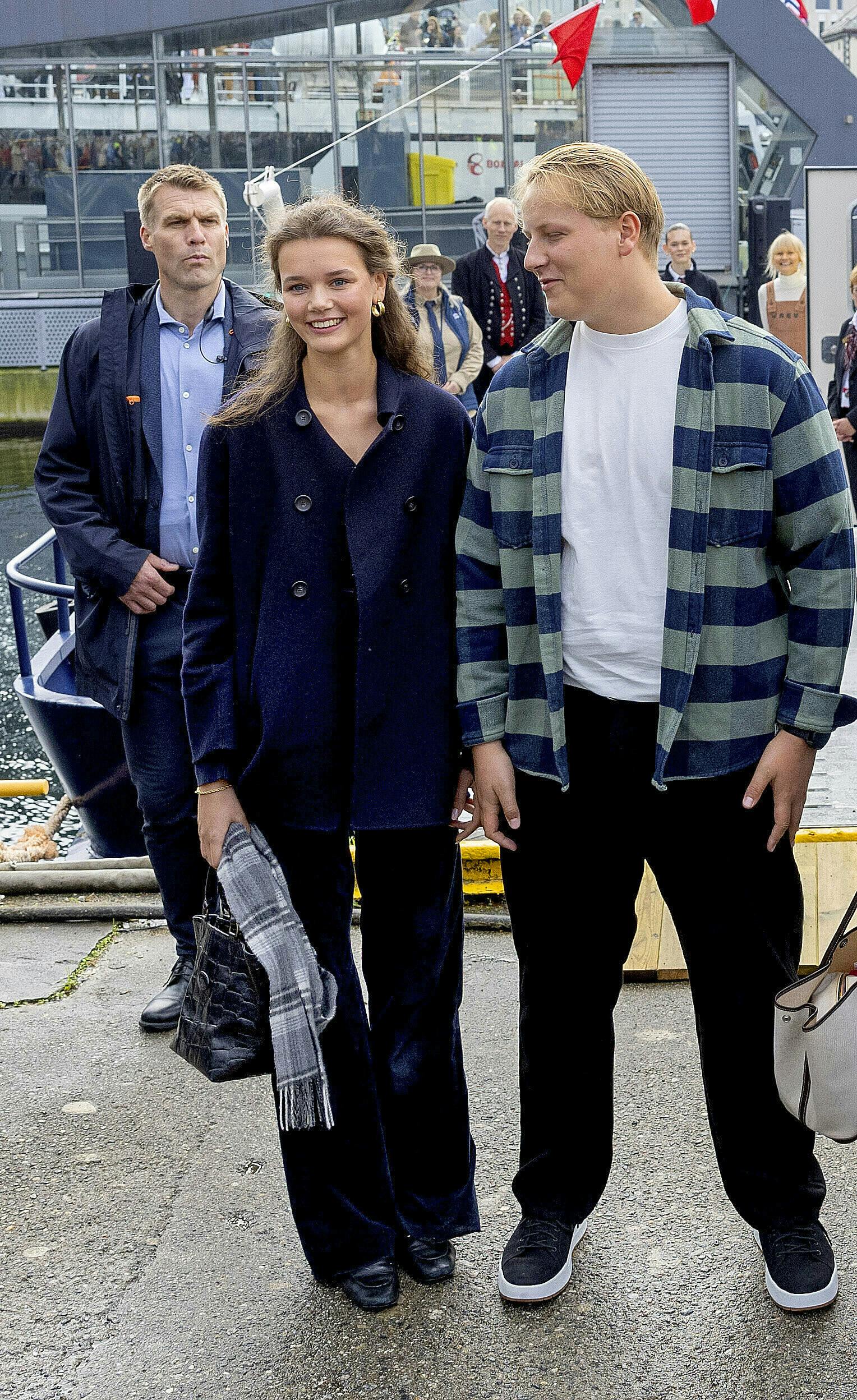 Prince Sverre Magnus and girlfriend of Norway leave at Alesund, on August 30, 2024, by boat to Geiranger, for the wedding of Princess Martha Louise and Durek Verrett, on August 31, 2024 Photo by: Albert Nieboer/picture-alliance/dpa/AP Images