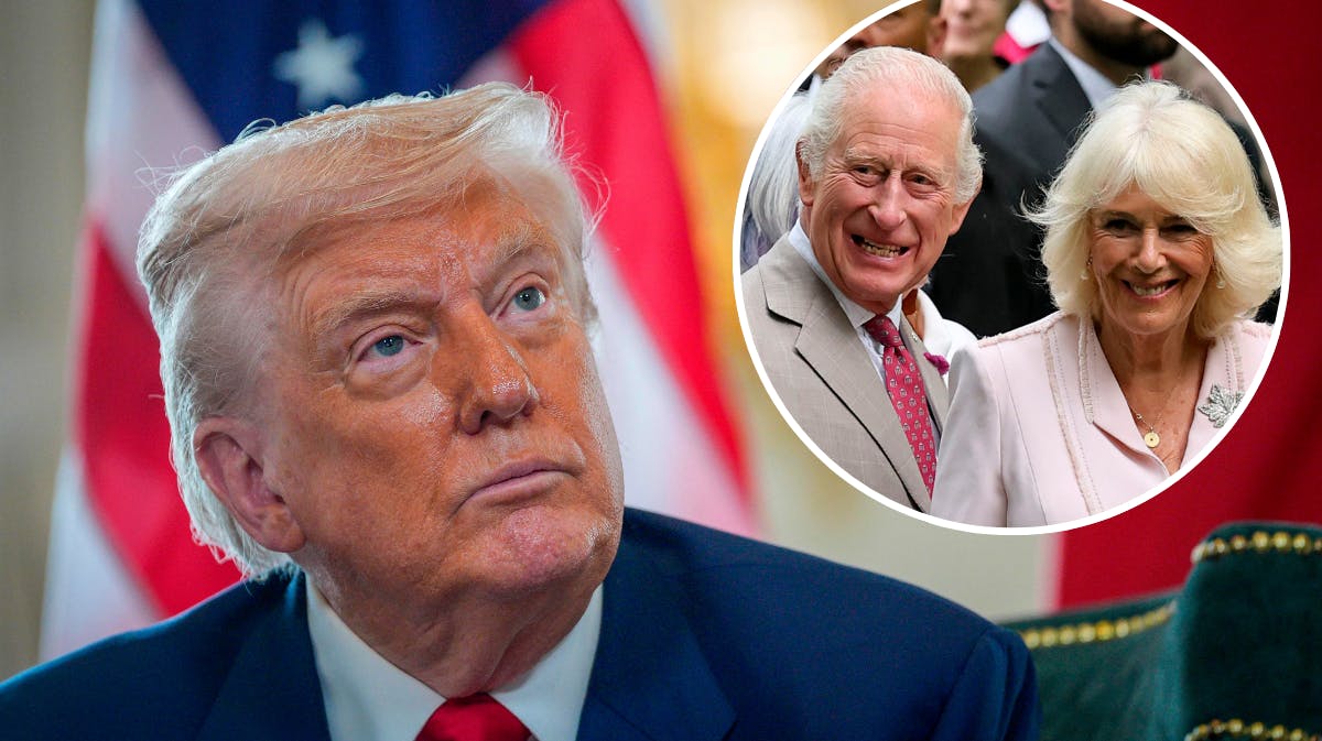 Donald Trump. Indsat foto af kong Charles og dronning Camilla. 