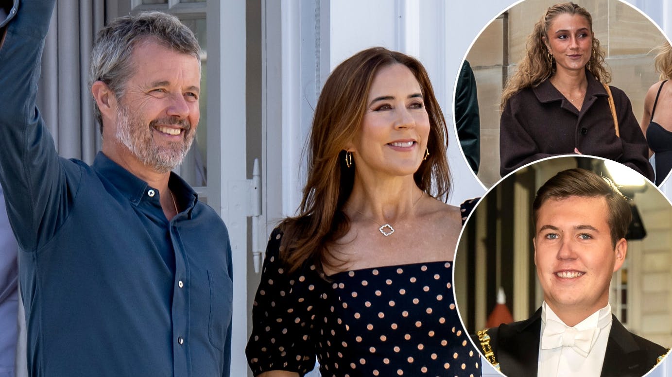 Fotomontage med kongeparret, kronprins Christian og Emma. 