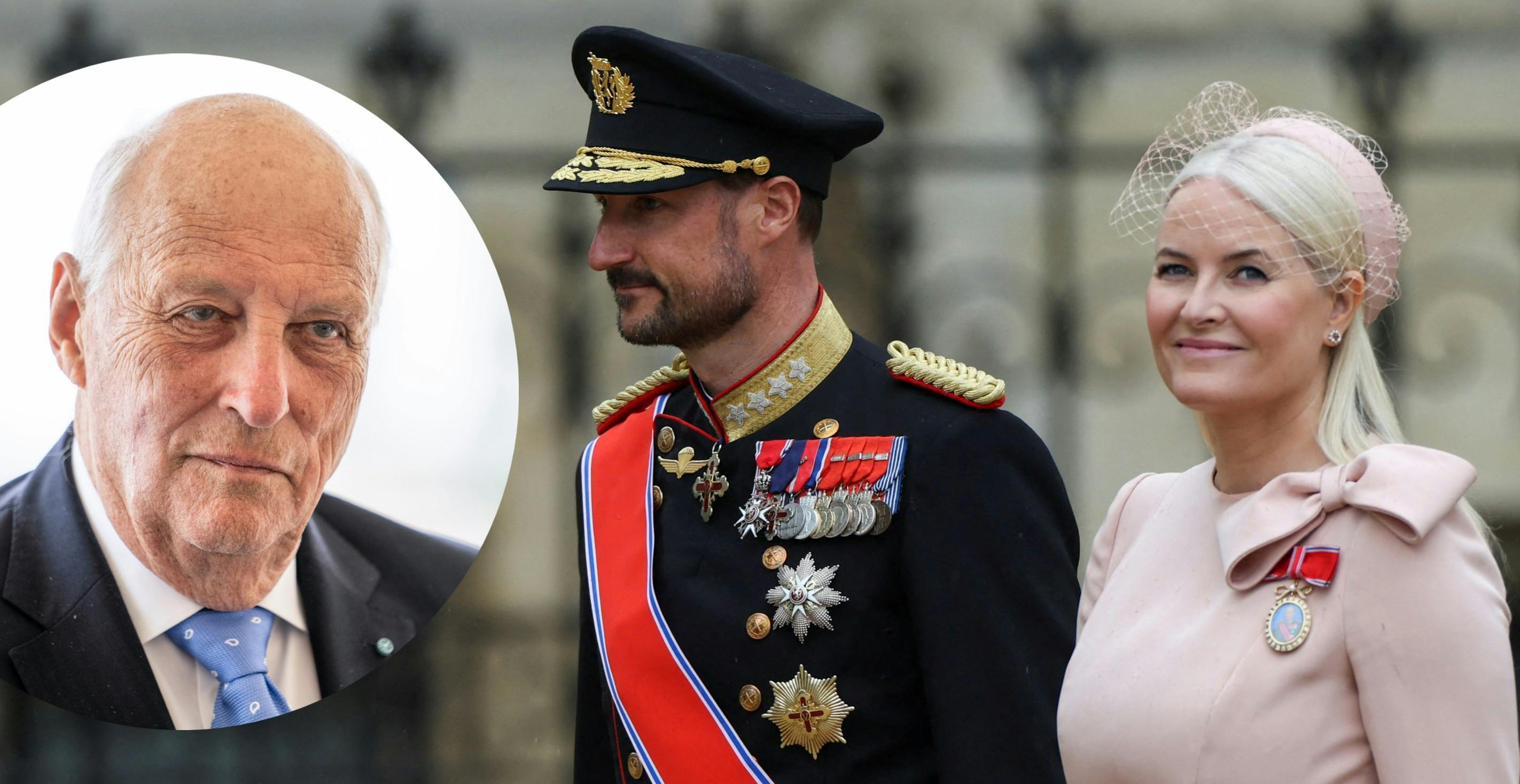 Kronprins Haakon og kronprinsesse Mette-Marit. Indsat: Kong Harald.&nbsp;