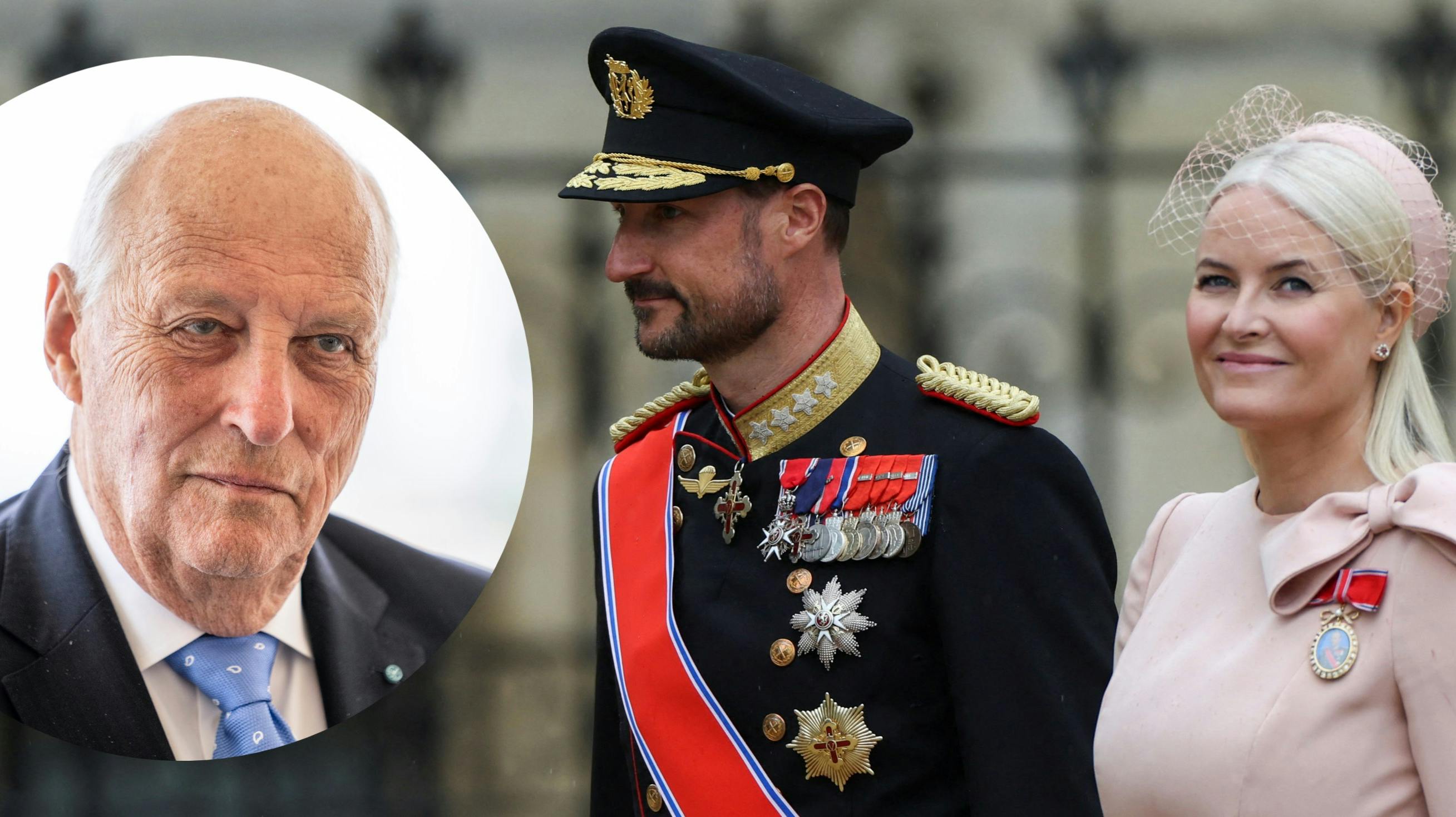 Kronprins Haakon og kronprinsesse Mette-Marit. Indsat: Kong Harald. 