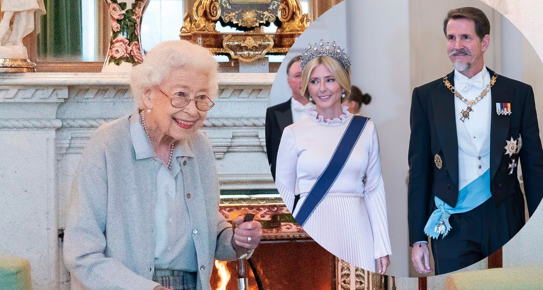 Dronning Elizabeth i september 2022. Indsat: Marie-Chantal og Pavlos.&nbsp;