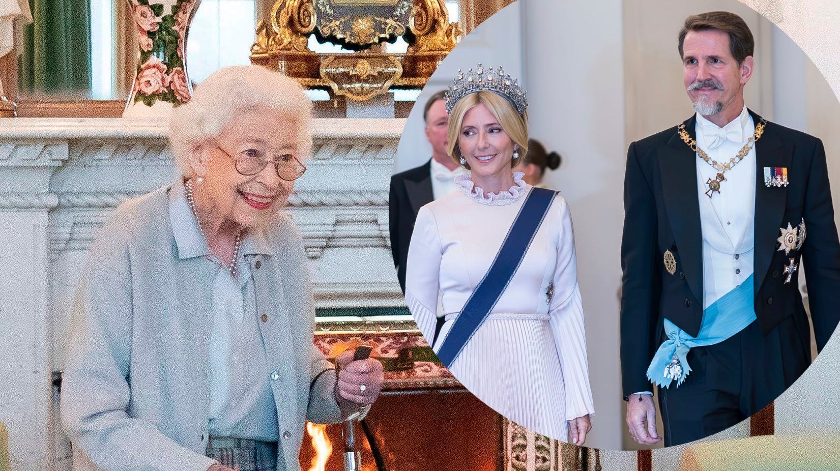 Dronning Elizabeth i september 2022. Indsat: Marie-Chantal og Pavlos. 