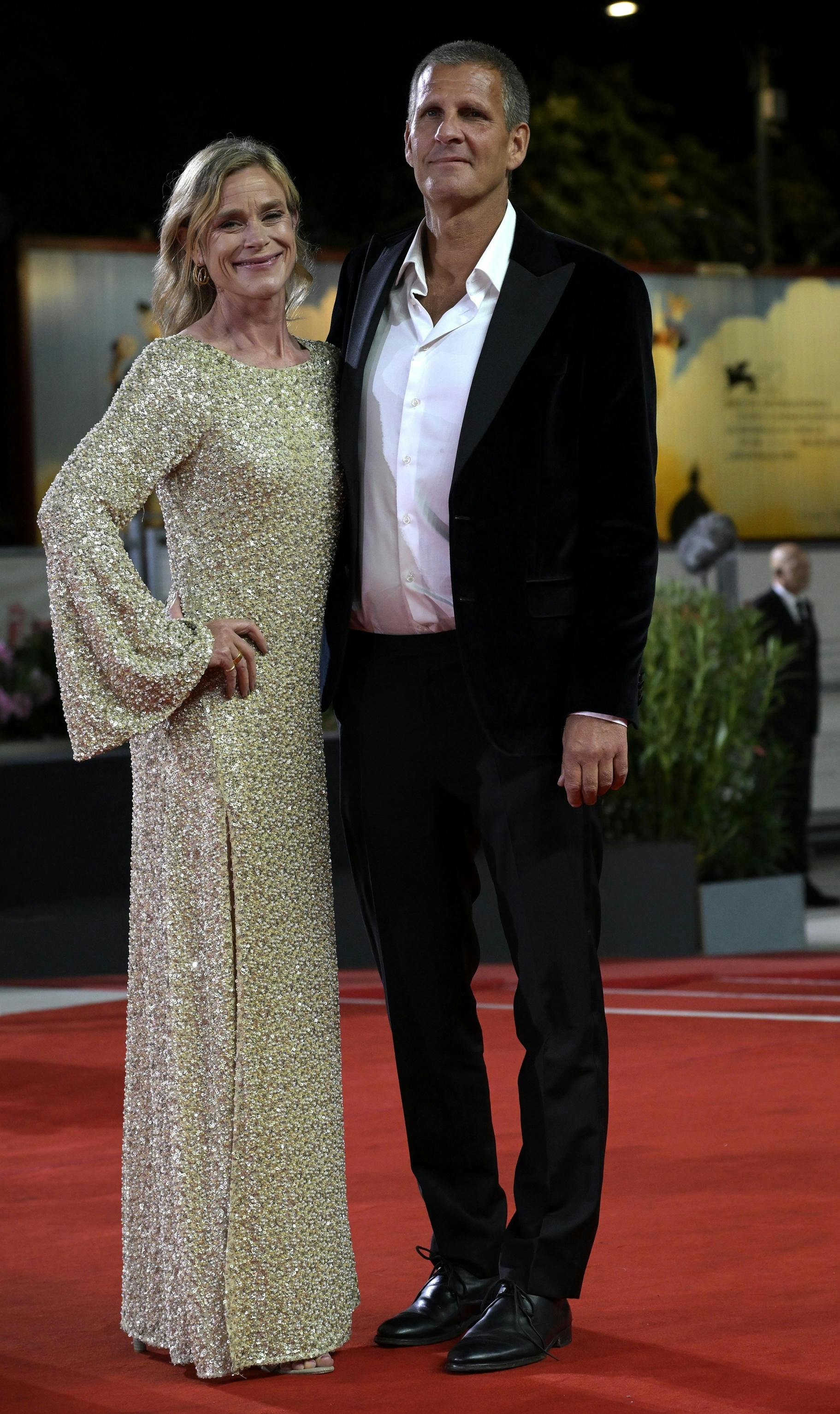 epa12338137 Danish director Anders Thomas Jensen (R) and Line Kruse arrive for the screening of 'Den Sidste Viking' (the last Viking) during the 82nd annual Venice International Film Festival, in Venice, Italy, 30 August 2025. The film festival runs from 27 August to 06 September 2025. EPA/RICCARDO ANTIMIANI