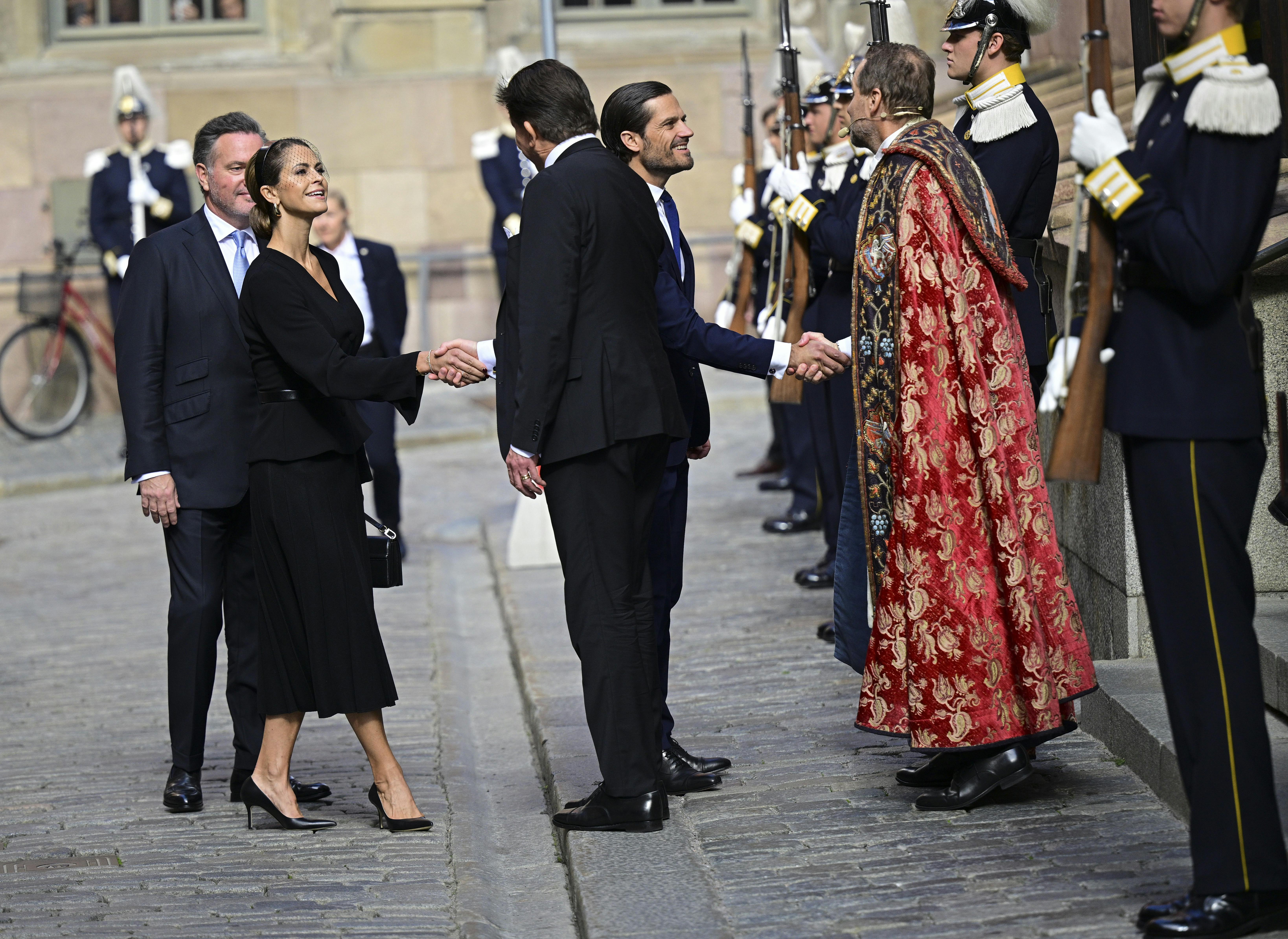 Princess Madeleine and Prince Carl Philip arrive at Storkyrkan Cathedral in Stockholm, Sweden, on September 9, 2025, for a service ahead of the opening of the Riksdag. Photo: Magnus Lejhall / TT / Code 10658