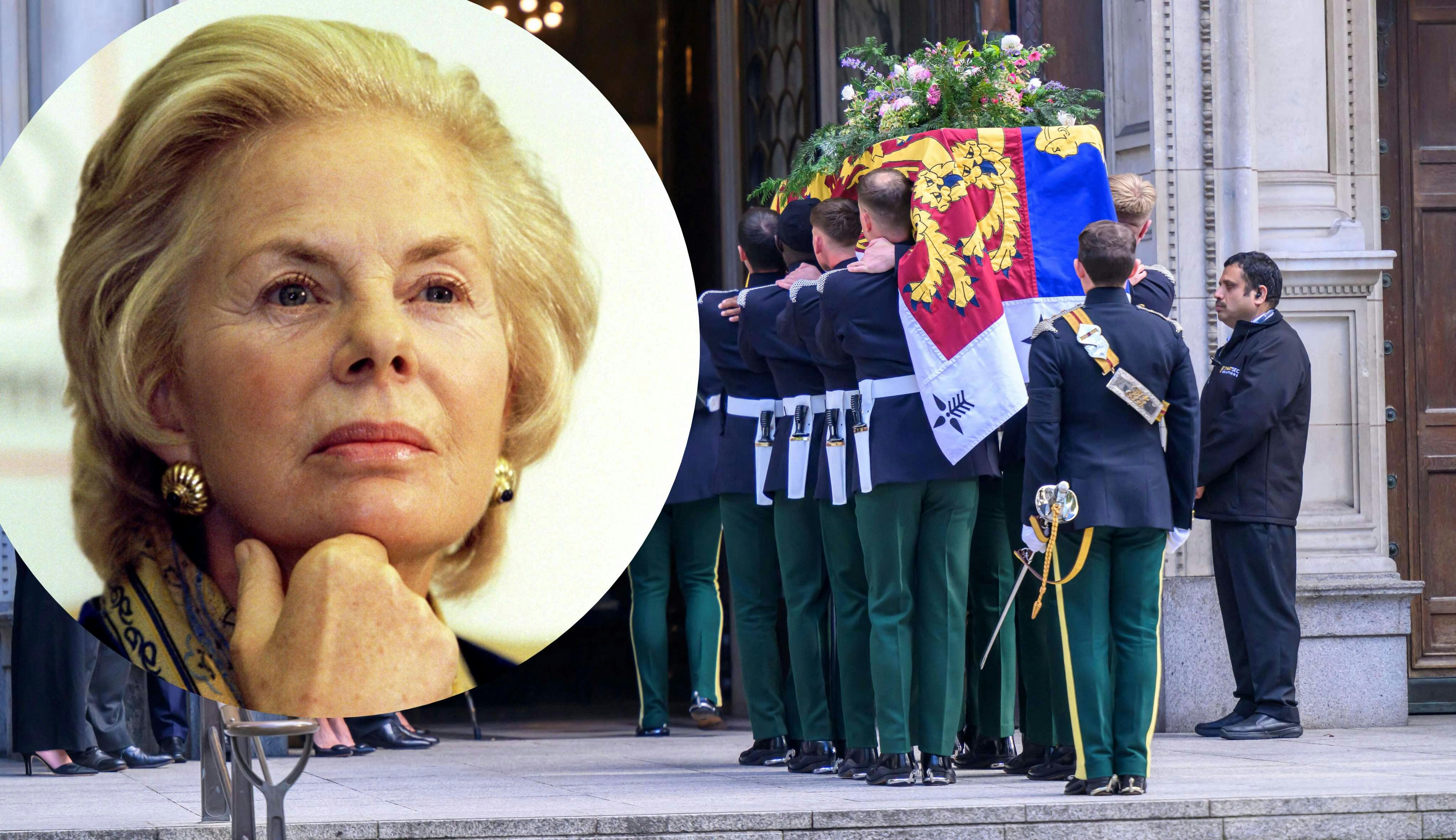 Hertuginde Katharine af Kents kiste bæres ind i Westminster Cathedral mandag aften til en privat mindestund for den nærmeste familie. Indsat: Hertuginden af Kent. 