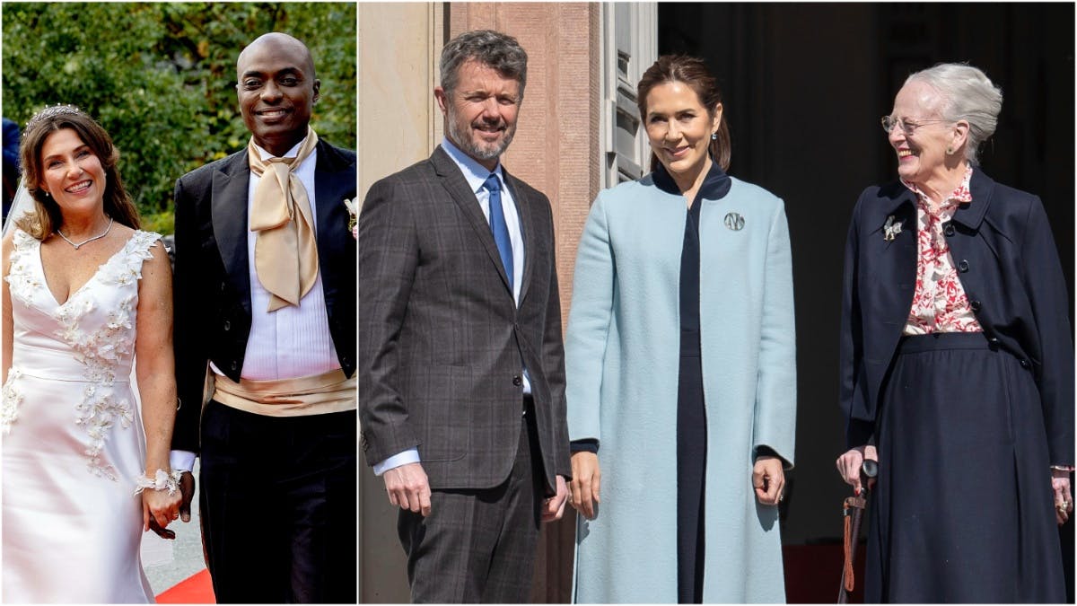 Prinsesse Märtha Louise og Durek Verret. Kong Frederik, dronning Mary og dronning Margrethe foran Fredensborg Slot.&nbsp;
