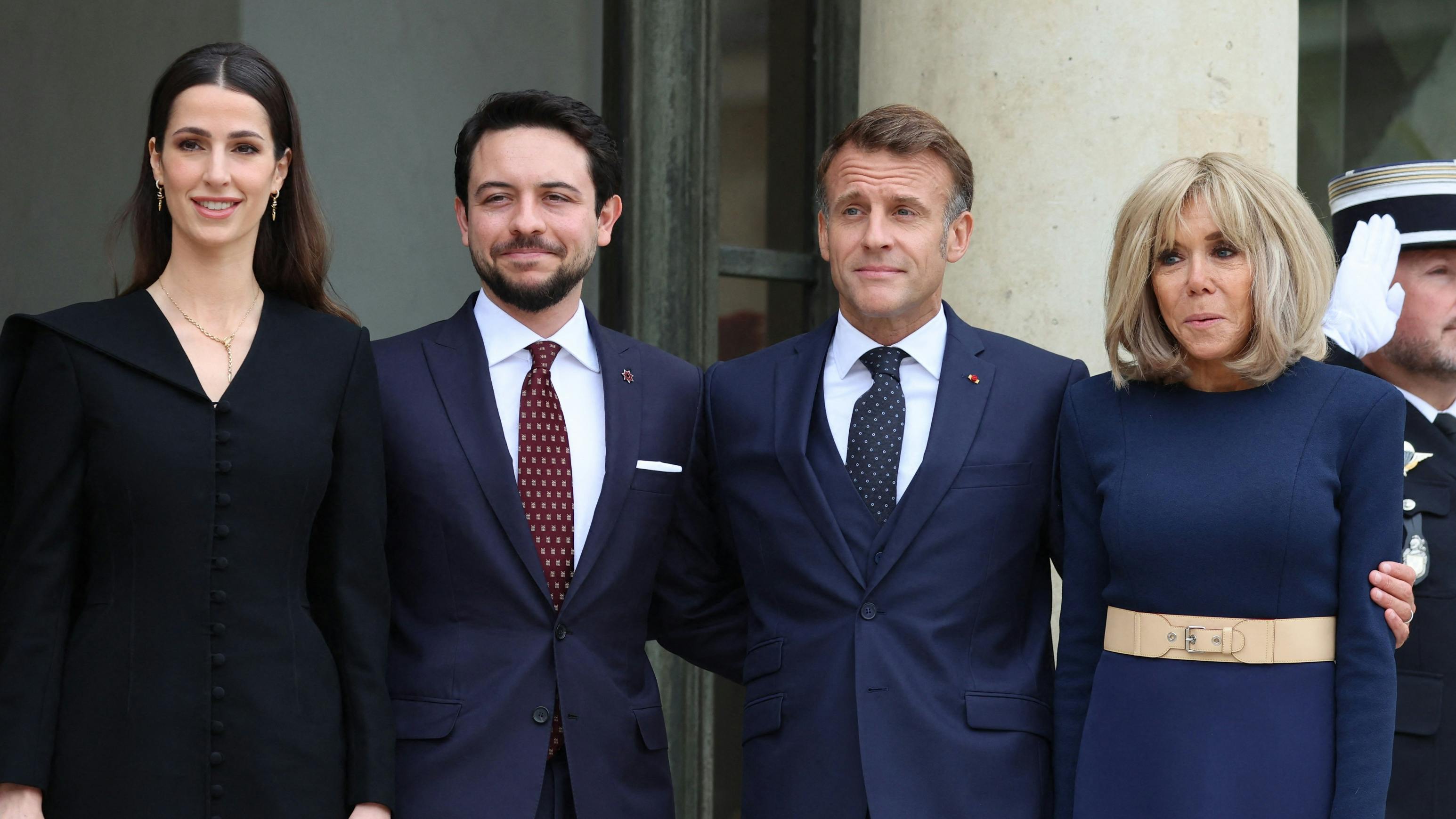 Kronprinsesse Rawja og kronprinse Hussein af Jorden samt præsident Emmanuel Macron og Brigitte Macron under det officielle besøg.&nbsp;