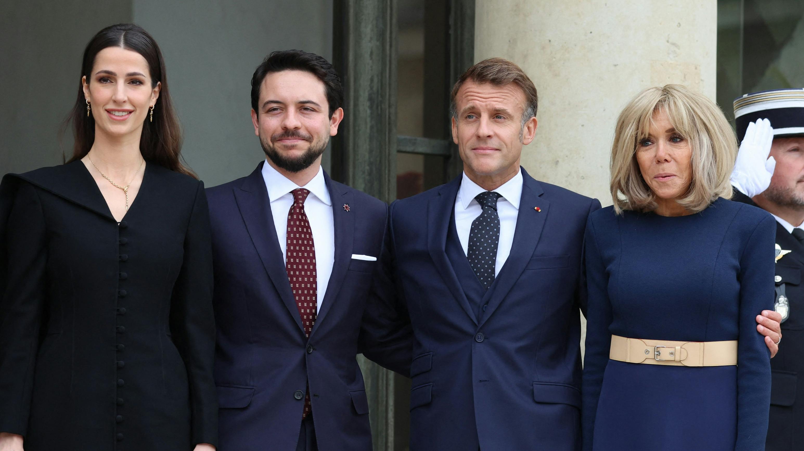 Kronprinsesse Rawja og kronprinse Hussein af Jorden samt præsident Emmanuel Macron og Brigitte Macron under det officielle besøg. 
