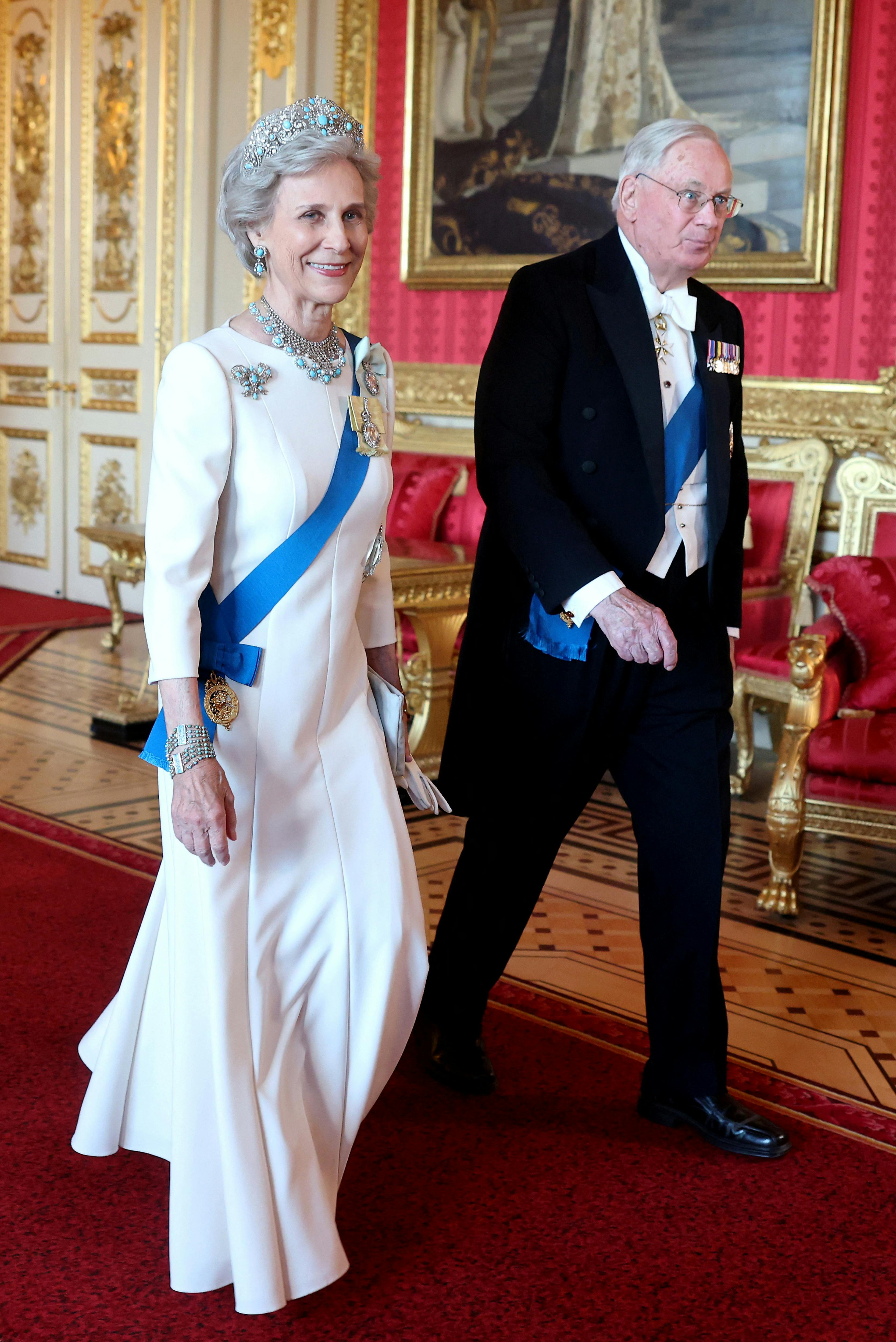 Birgitte, Duchess of Gloucester and Prince Richard, Duke of Gloucester arrive for the State Banquet for President of France Emmanuel Macron and his wife Brigitte Macron, on day one of the French President's state visit to the UK, at Windsor Castle, Berkshire, Britain, July 8, 2025. Chris Jackson/Pool via REUTERS