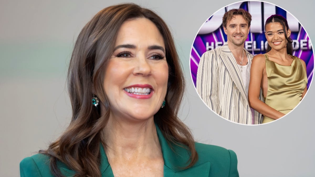 Dronning Mary samt "Vild med dans"-værterne Martin Johannes Larsen og Cilia Trappaud. 