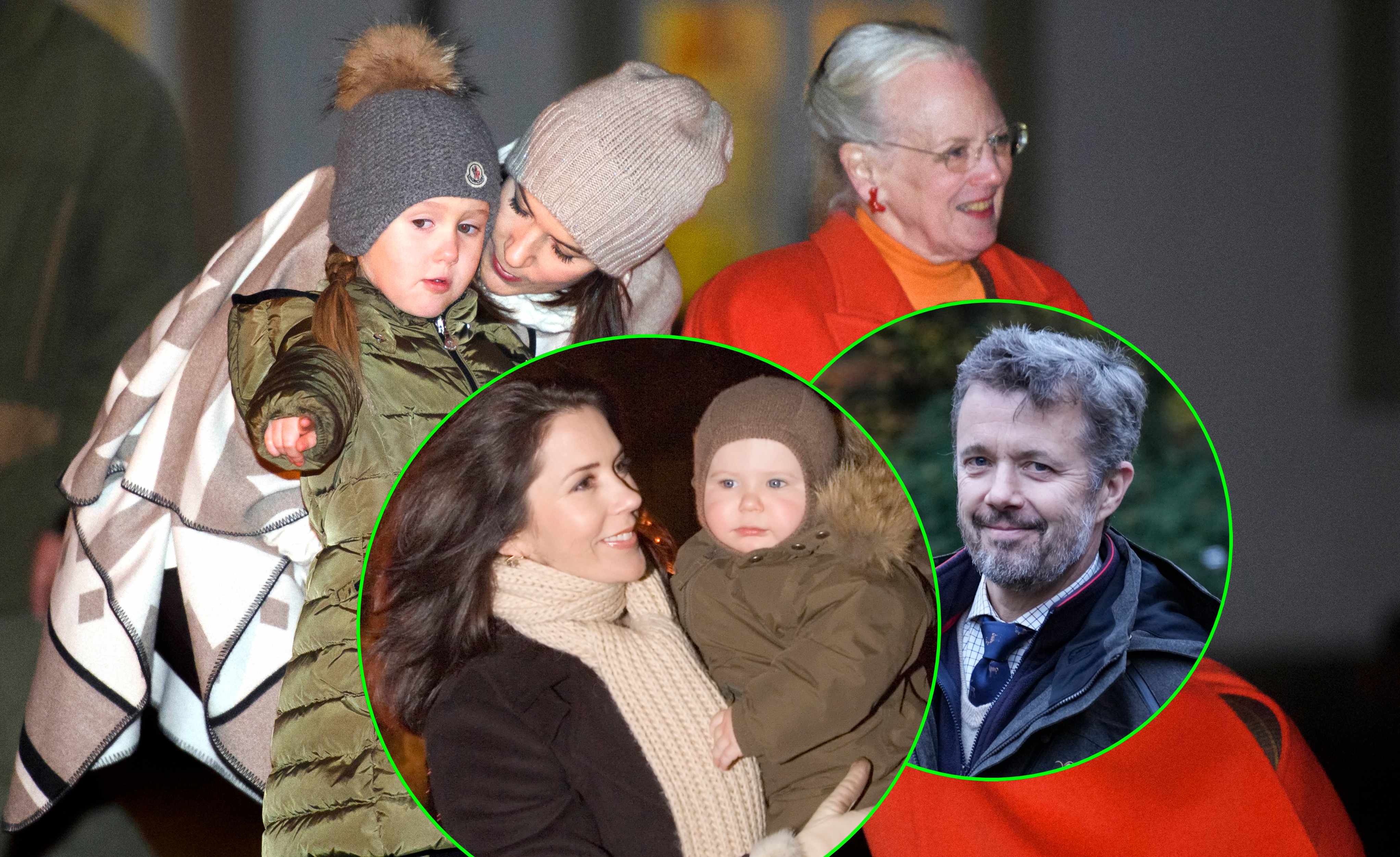 Kongejagt gennem årene - her ses prinsesse Josephine, dronning Mary og dronning Margrethe i 2016 samt dronning Mary med lille prins Christian i 2006 og kong Frederik i 2021.