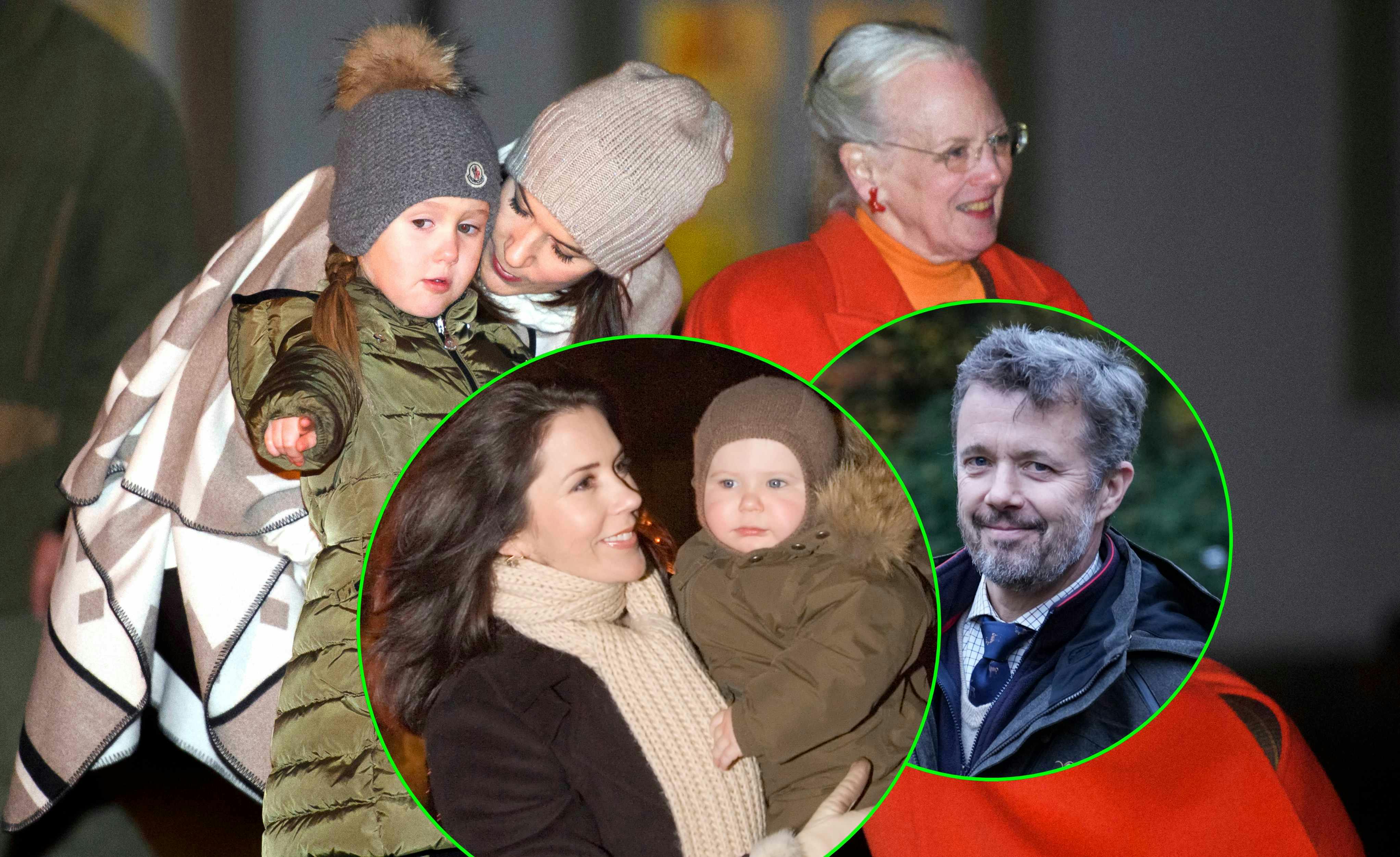 Kongejagt gennem årene - her ses prinsesse Josephine, dronning Mary og dronning Margrethe i 2016 samt dronning Mary med lille prins Christian i 2006 og kong Frederik i 2021.