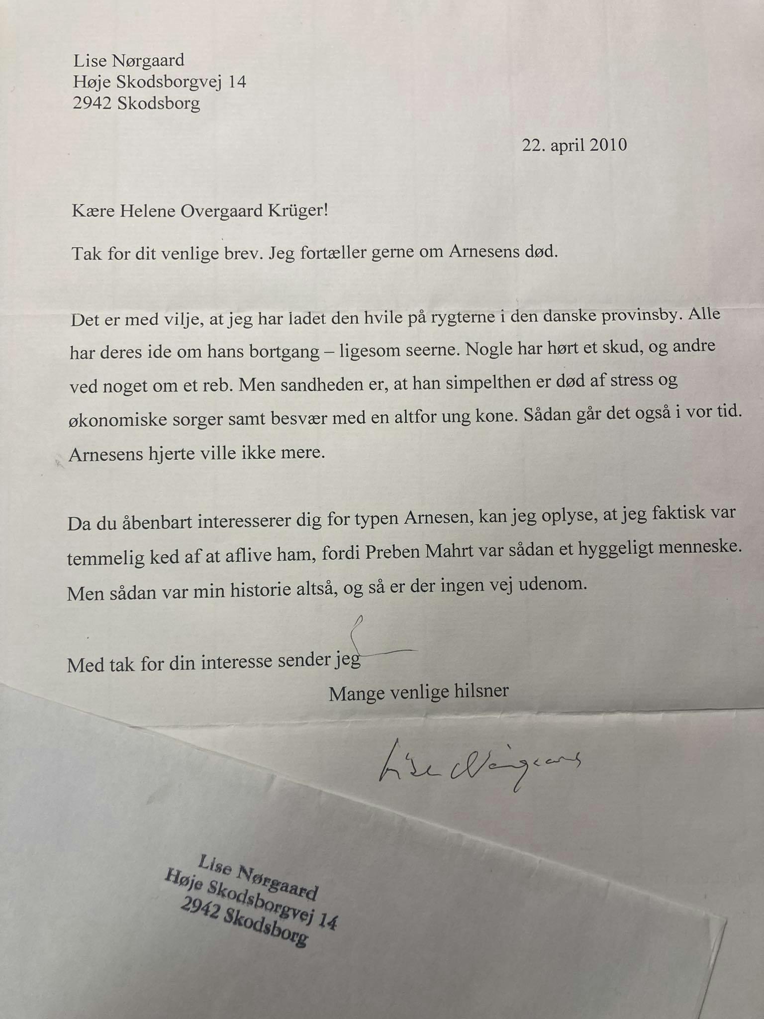 Brevet, Lise Nørgaard sendte til Helene Overgaard Vesterkær.
