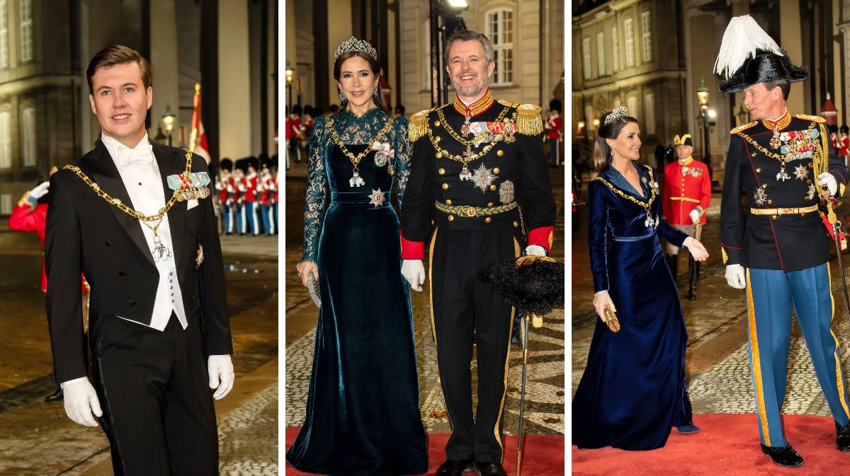 Billeder af de kongelige fra nytårstaffel 2025. Kronprins Christian, dronning Mary og kong Frederik, prinsesse Marie og prins Joachim. 