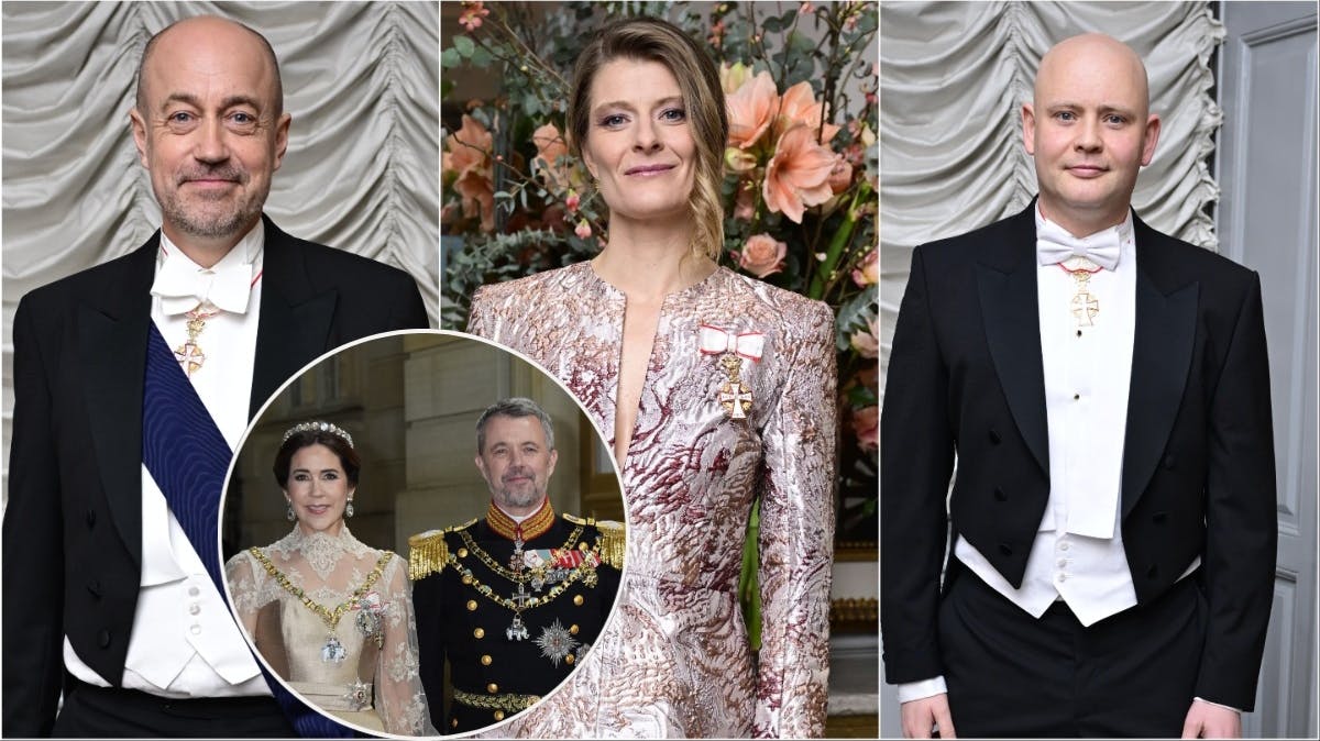 Magnus Heunicke, Ane Halsboe-Jørgensen og Jakob Engel-Schmidt samt kongeparret.