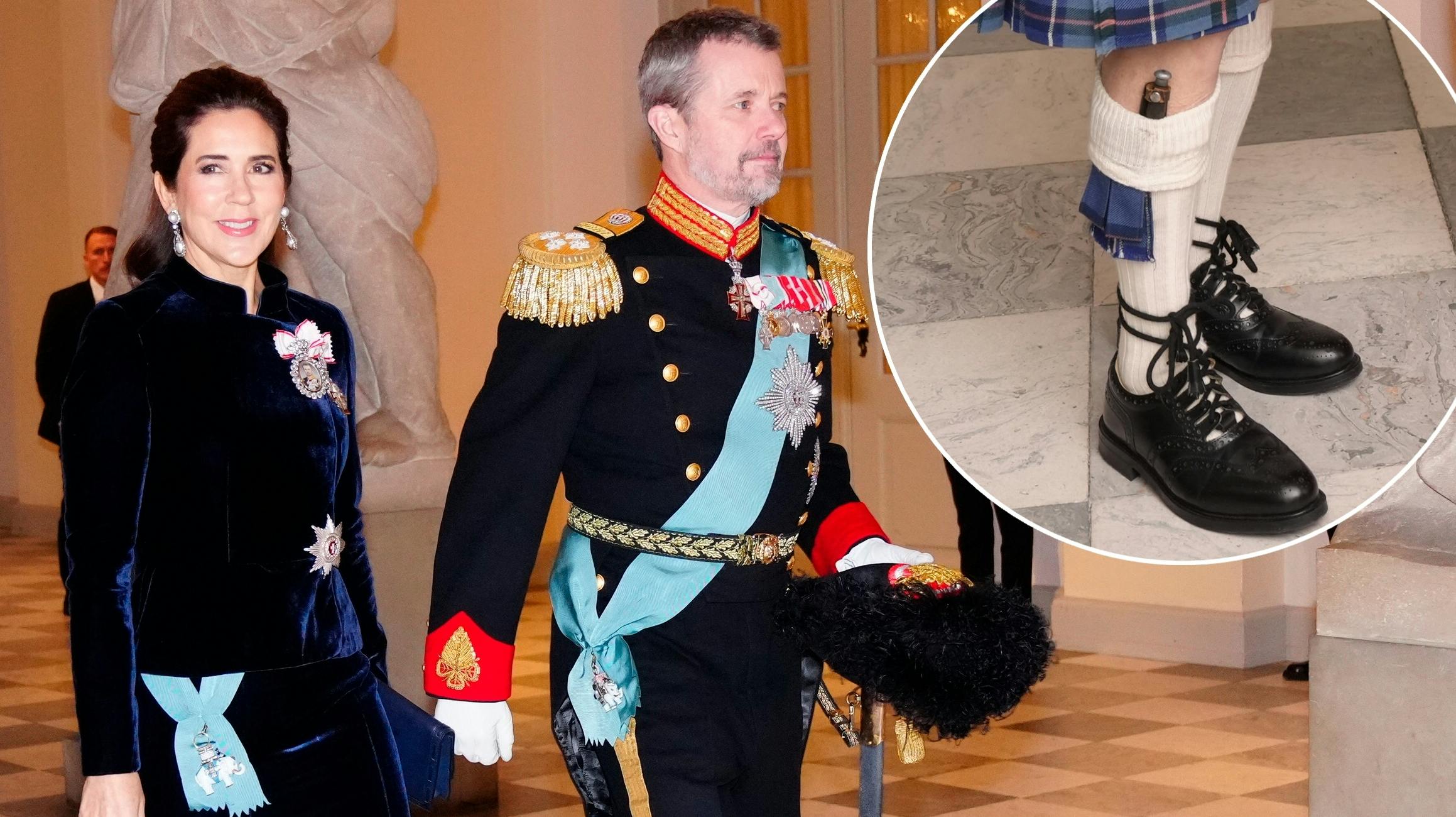 Dronning Mary og kong Frederik ankommer til nytårskur. Indsat foto: Gæst med lille kniv i strømpen. 