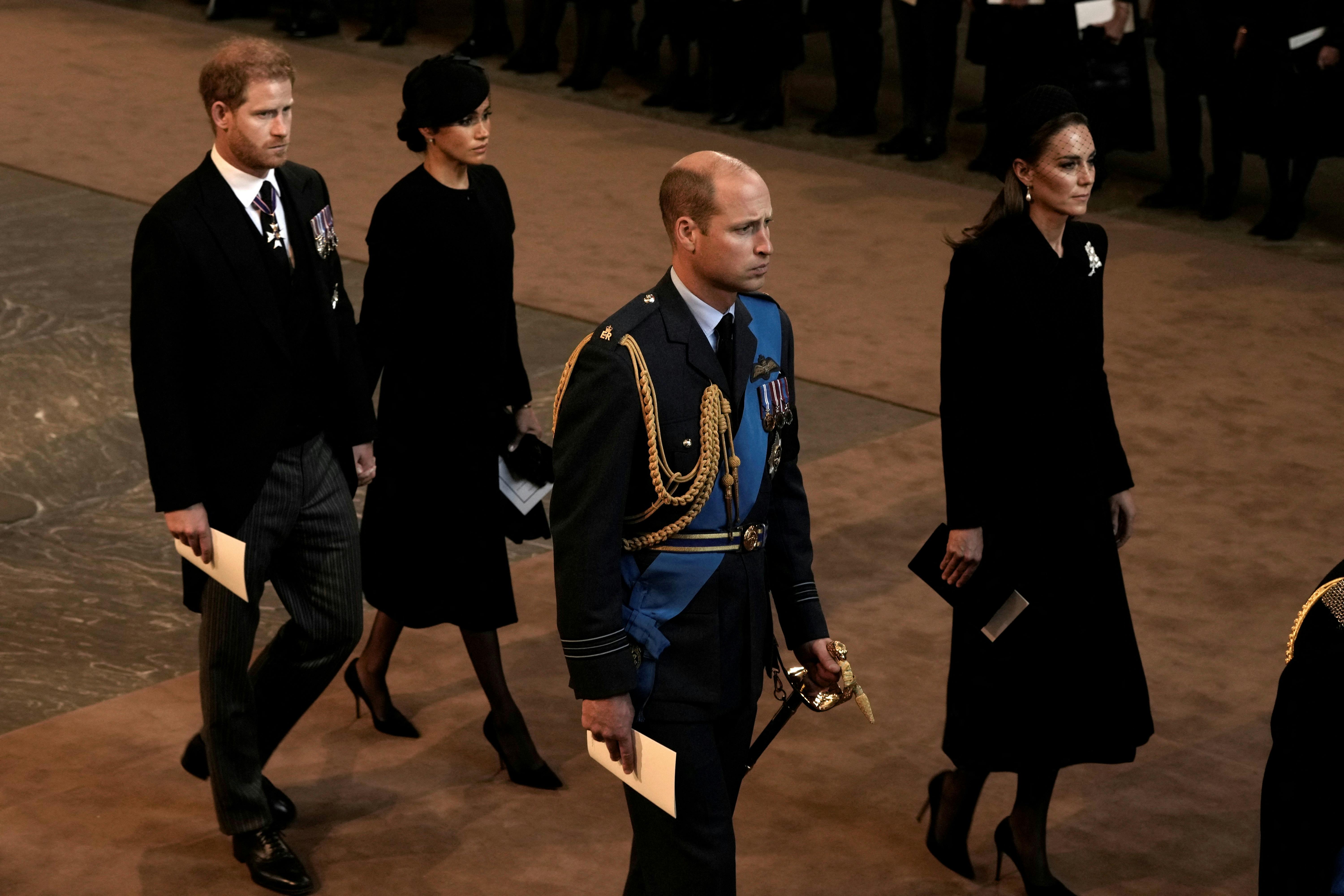 Senest hertuginde Meghan besøgte sin mands hjemland var ved dronning Elizabeths begravelse i september 2022. Her ses hun sammen med prins Harry, prins William og prinsesse Catherine. 