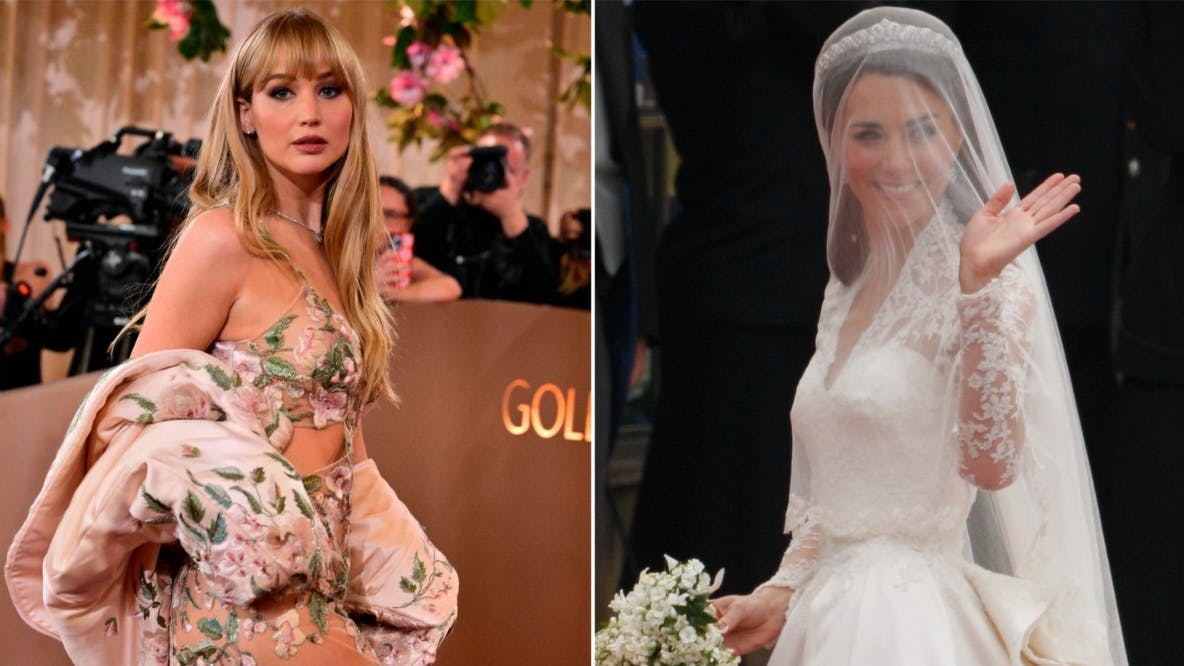 Jennifer Lawrence til Golden Globes 2026 og daværende Kate Middleton på sin bryllupsdag i 2011.