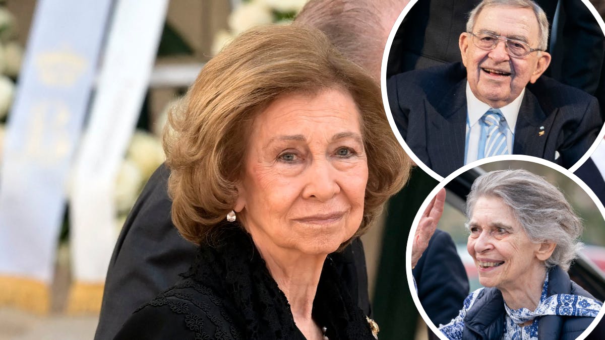 Dronning Sofia. Indsat fotos af kong Konstantin og prinsesse Irene. 