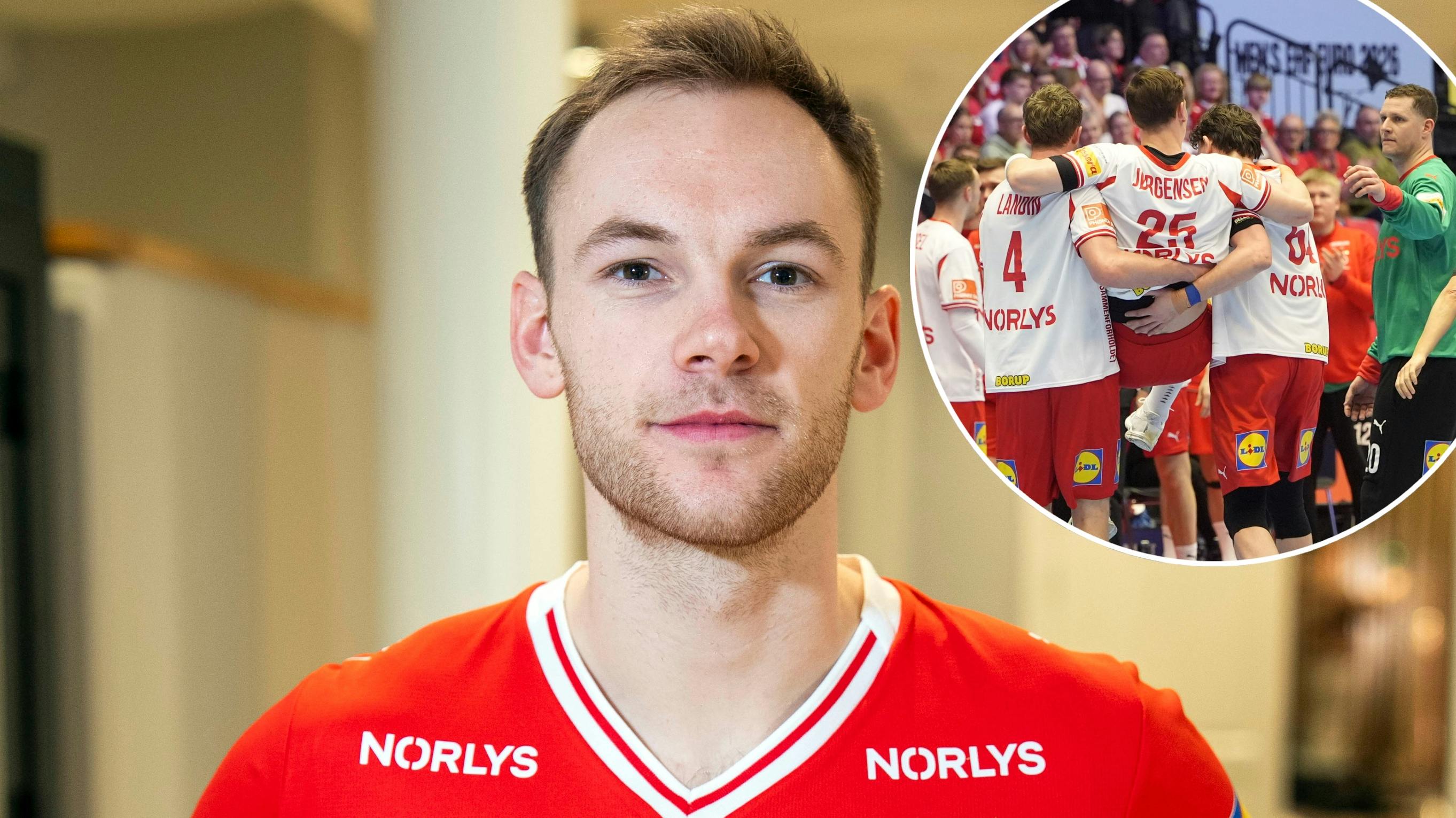 Mathias Gidsel. Indsat: Lukas Jørgensen bæres fra banen.